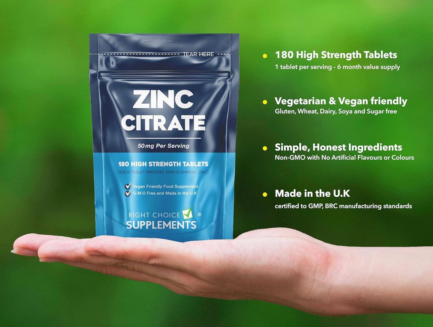 Zinc Citrate 50mg Tablets – 180 High Strength Vegan Tablets (6 Months Supply) – Highly Absorbable Zinc Supplements for Maintenance of Normal Immune System, Bones, Hair, Skin & Nails – Made in UK-2