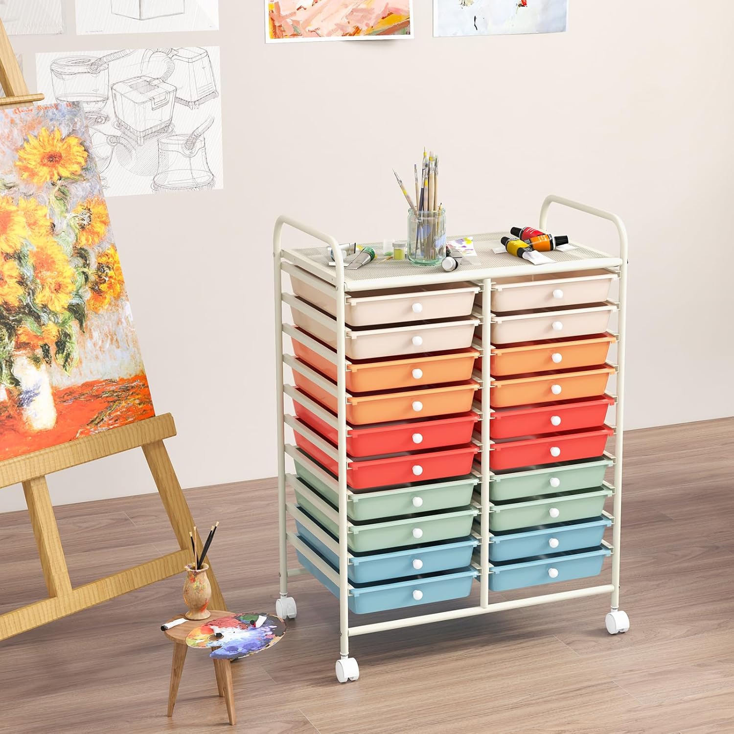 TANGZON 20 Drawers Mobile Storage Trolley, Multipurpose Rolling Cart with Lockable Wheels, Utility Trolley Unit for Home Office Organisation Stationery Beauty Salon (Colorful)-1