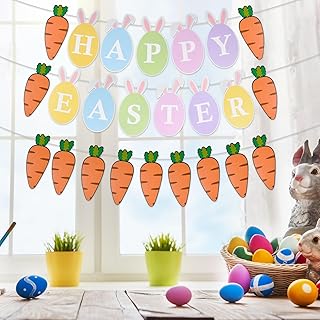 Easter Bunting, Easter Decorations, 2 PCs Easter Banner, Paper Easter Hanging Decorations with"Happy Easter" Decorations for Home Party Easter Carrot Indoor Decor(Happy Easter+Carrot Banner)