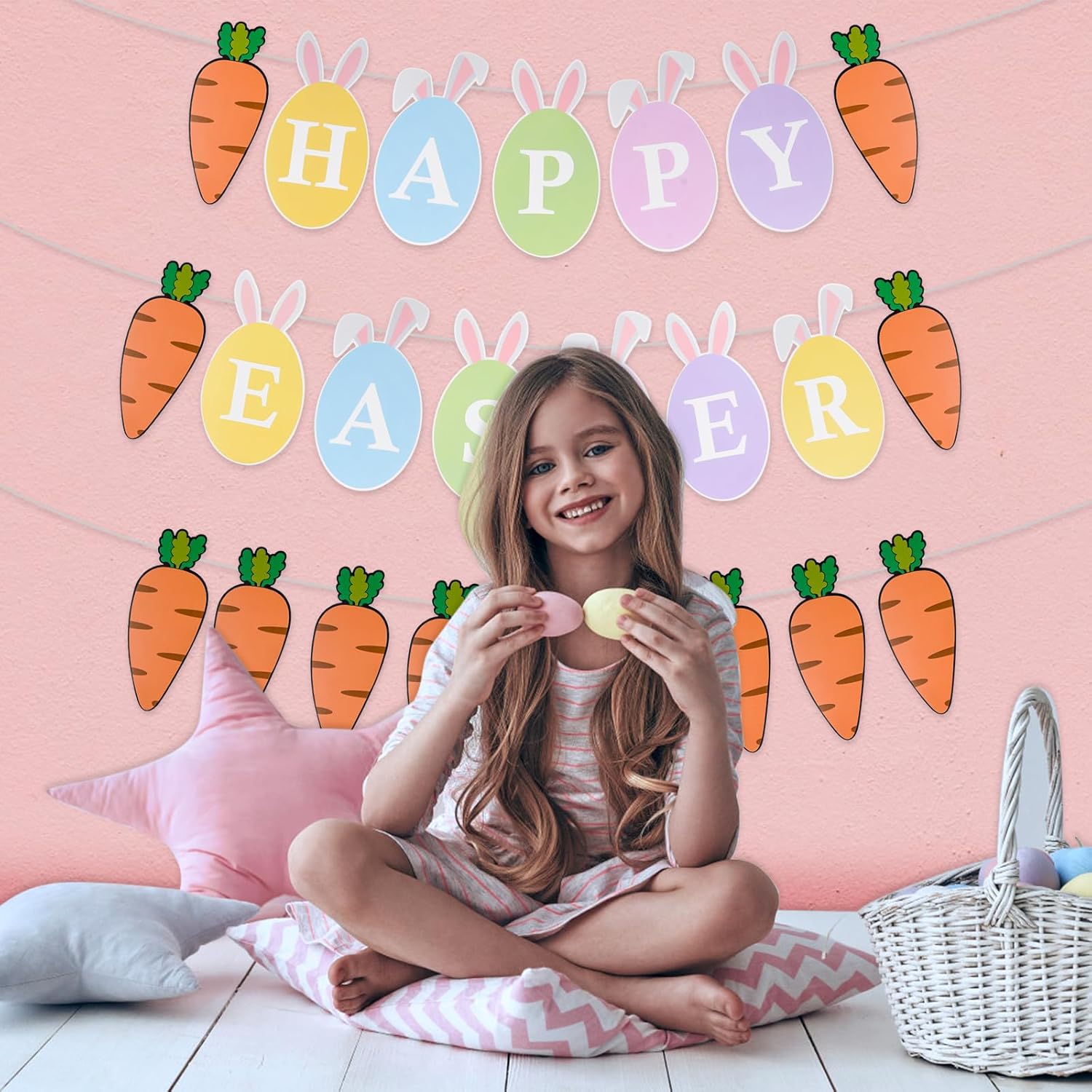 Easter Bunting, Easter Decorations, 2 PCs Easter Banner, Paper Easter Hanging Decorations with"Happy Easter" Decorations for Home Party Easter Carrot Indoor Decor(Happy Easter+Carrot Banner)-4