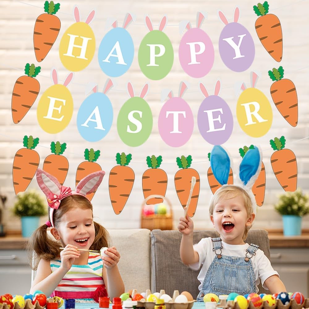 Easter Bunting, Easter Decorations, 2 PCs Easter Banner, Paper Easter Hanging Decorations with"Happy Easter" Decorations for Home Party Easter Carrot Indoor Decor(Happy Easter+Carrot Banner)-7