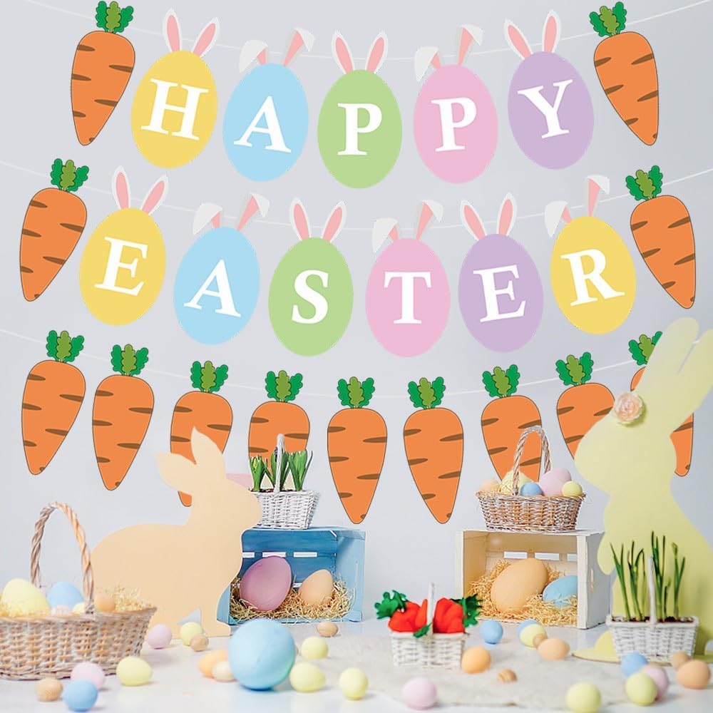 Easter Bunting, Easter Decorations, 2 PCs Easter Banner, Paper Easter Hanging Decorations with"Happy Easter" Decorations for Home Party Easter Carrot Indoor Decor(Happy Easter+Carrot Banner)-8