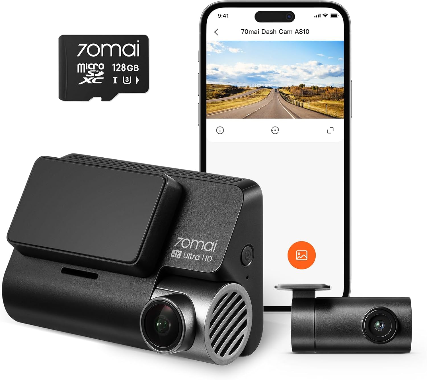 70mai New 4K Dash Cam A810 Front and Rear and 128GB SD Card,Built in GPS,Night Owl Vision,Support 256GB Max,Smart Parking Guardian Mode,AI Motion Detection,Time-Lapse Recording-0