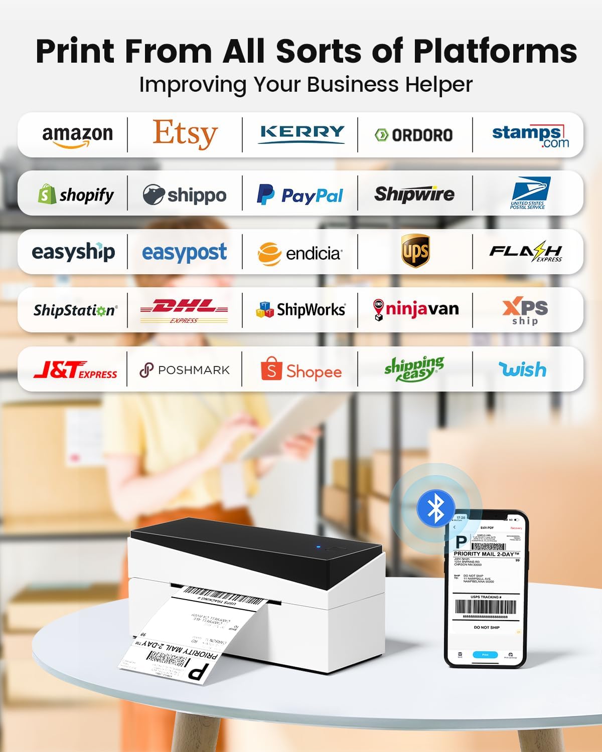 Thermal Label Printer, Bluetooth Shipping Label Printer 4x6, Address Label Printer, Desktop Label Printer Machine for Shipping Packages, Compatible with Amazon, Ebay, Shopify, Royal Mail, FedEx, DHL-2