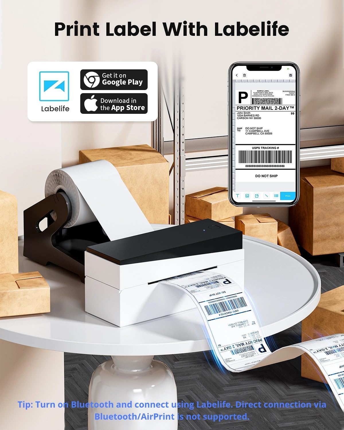 Thermal Label Printer, Bluetooth Shipping Label Printer 4x6, Address Label Printer, Desktop Label Printer Machine for Shipping Packages, Compatible with Amazon, Ebay, Shopify, Royal Mail, FedEx, DHL-3