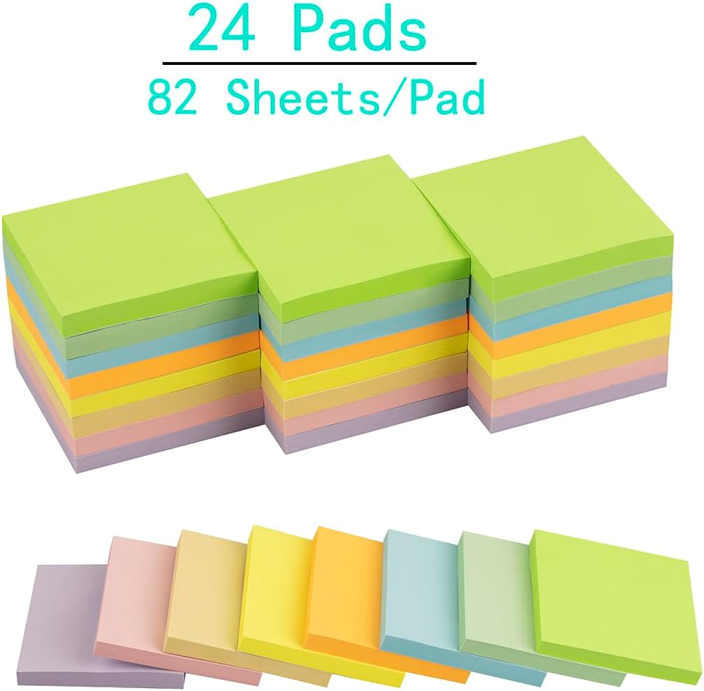 24 Pads - 3 in x 3 in Sticky Notes 8 Colors Post Self Stick Notes Pads, Pastel Stickies Colorful Super Sticking Memo Pads,Strong Adhesive, 82 Sheets/pad,1968 Sheets Total-1