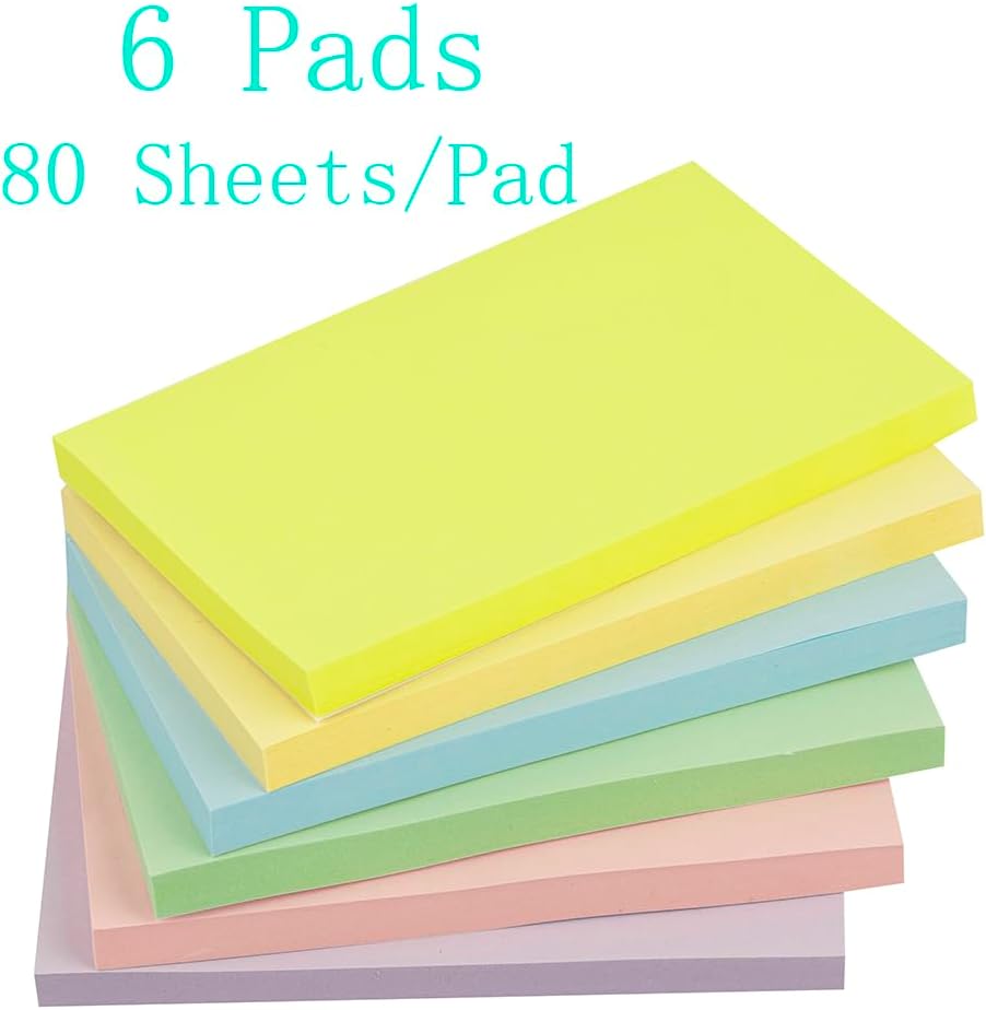 6 Pads - 3 in x 5 in Sticky Notes （76 x 127 mm ）6 Colors Post Self Stick Notes Pads, Pastel Stickies Colorful Super Sticking Memo Pads,Strong Adhesive, 80 Sheets/pad，480 Sheets-1