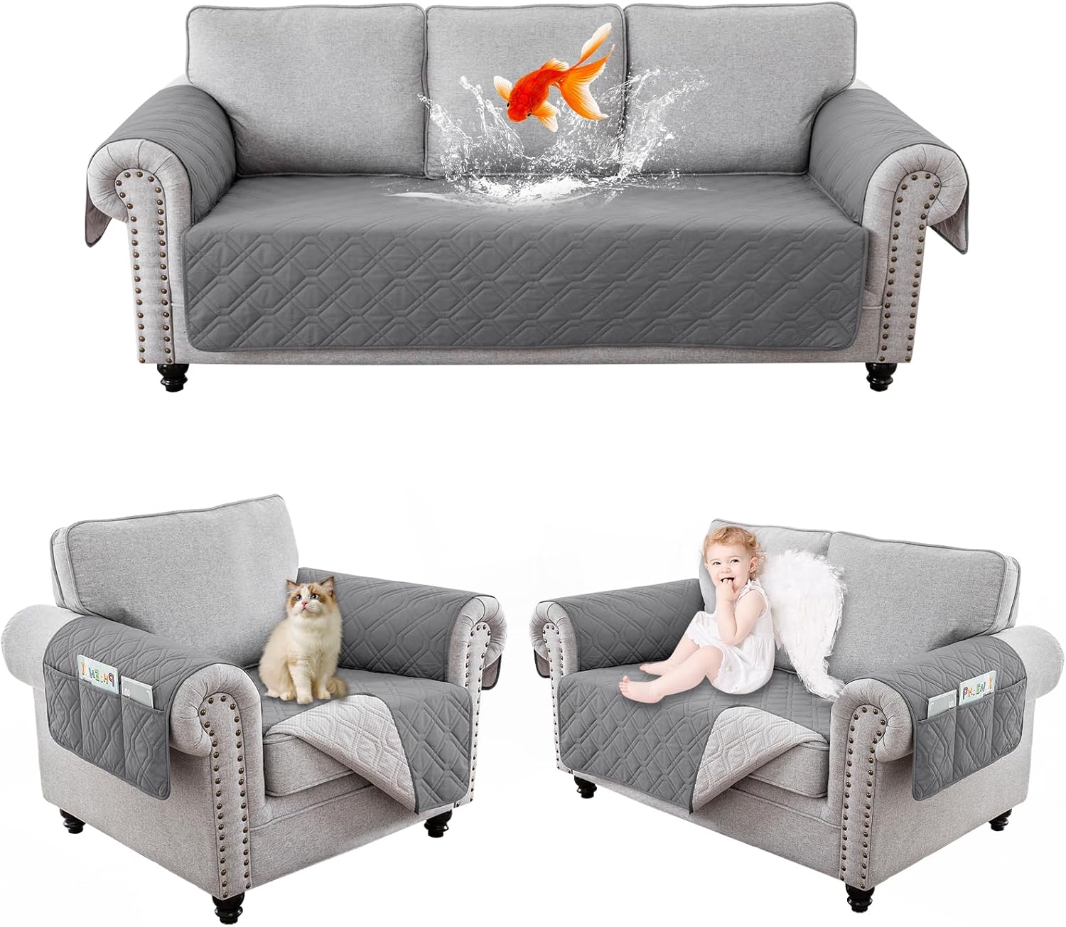 RAPRAP 100% Waterproof Sofa Cover with Side Pockets, 2 Seater Sofa Protector for Children Pets Dog, Durable Non-Slip Two Seater Couch Covers, Washable, Gray,2 Seater-1