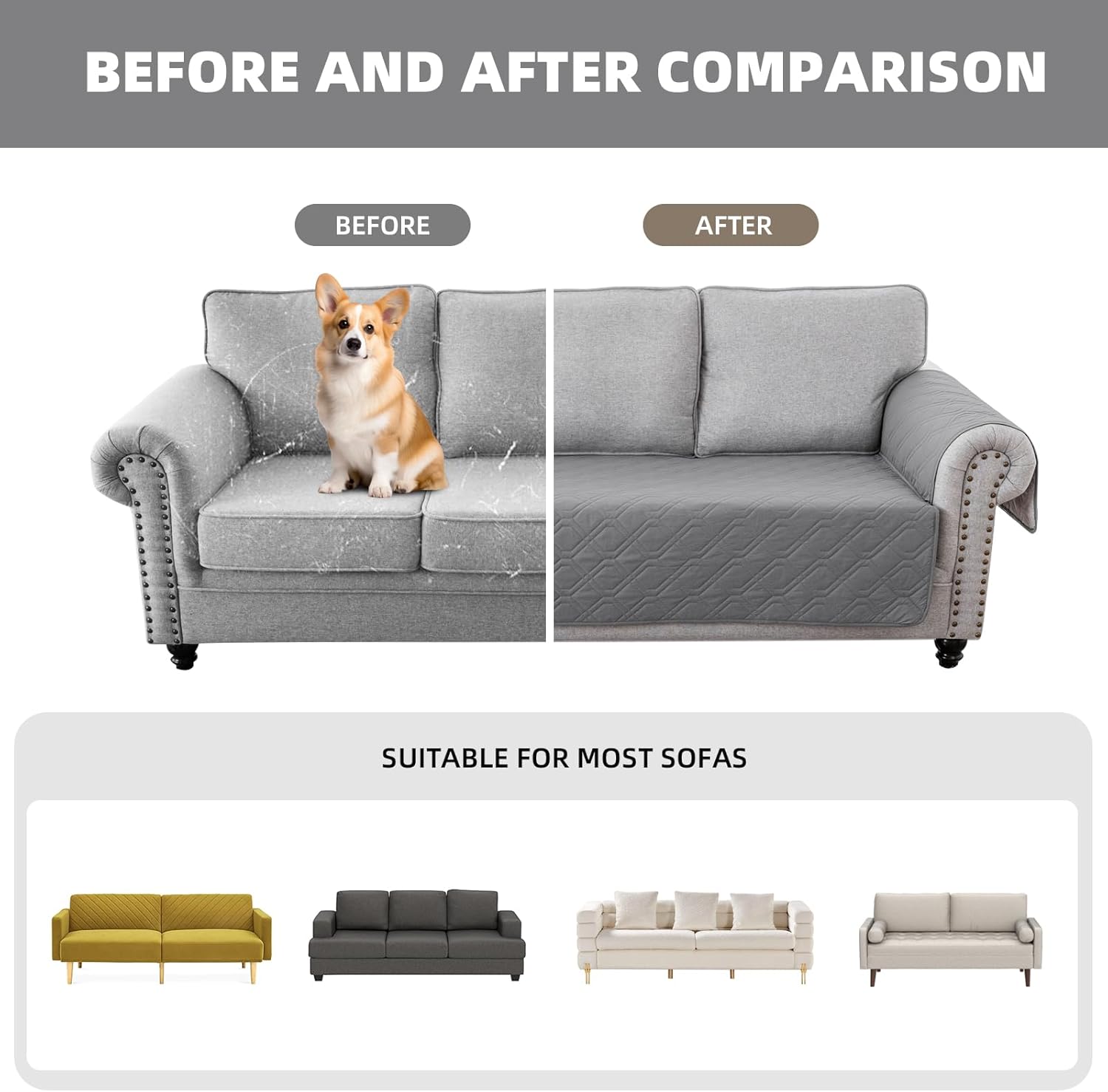 RAPRAP 100% Waterproof Sofa Cover with Side Pockets, 2 Seater Sofa Protector for Children Pets Dog, Durable Non-Slip Two Seater Couch Covers, Washable, Gray,2 Seater-4