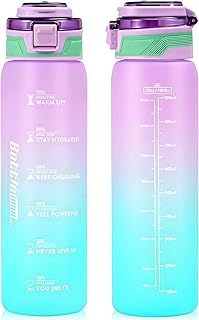 SEASEVEN Sports Water Bottle 1L,Plastic Drinks Bottle,1 Litre Water Bottles with Time Markings,Girls Boys Waterbottle Leak-Proof & Bpa-Free for Gym,School, Office, Outdoor(Purple-Cyan)