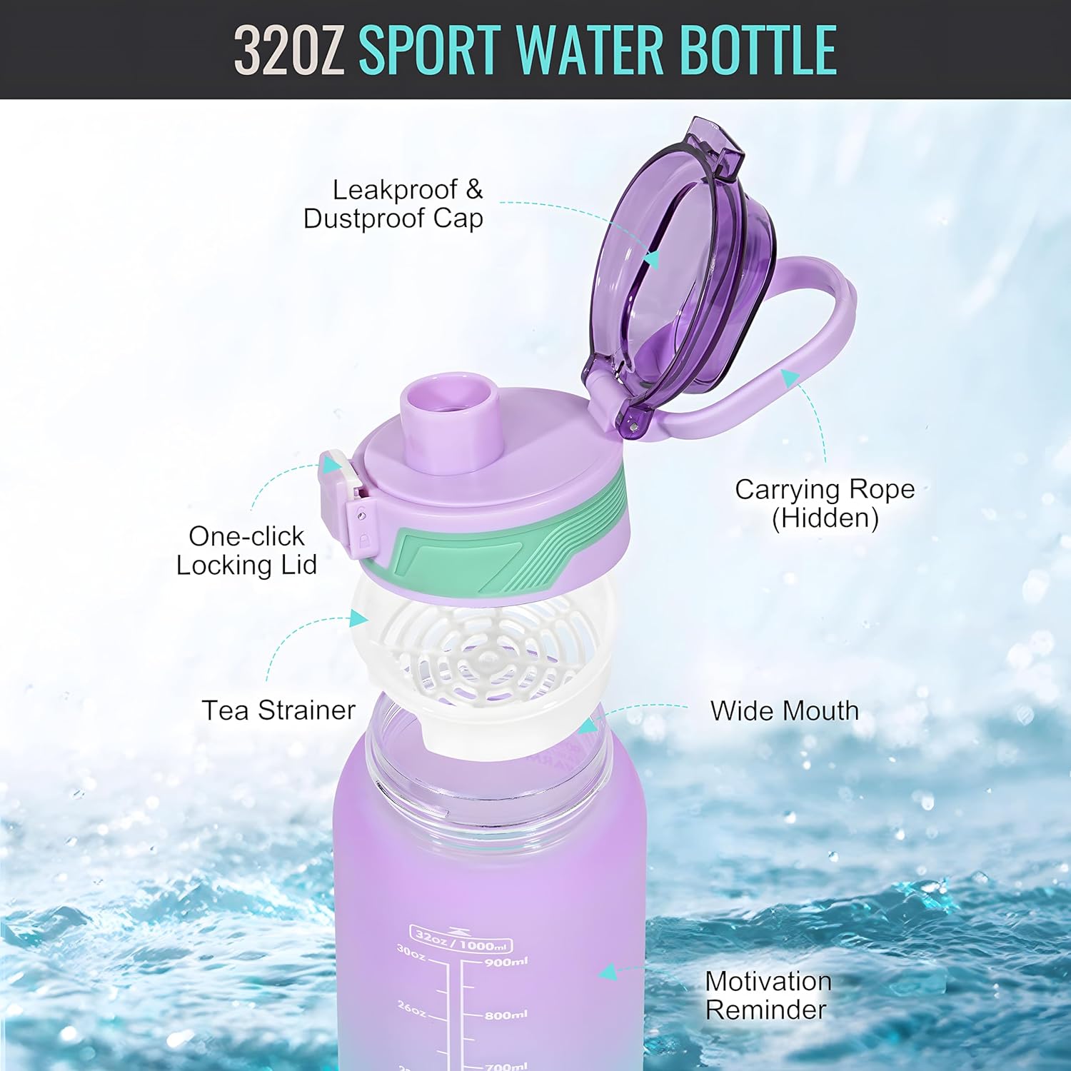 SEASEVEN Sports Water Bottle 1L,Plastic Drinks Bottle,1 Litre Water Bottles with Time Markings,Girls Boys Waterbottle Leak-Proof & Bpa-Free for Gym,School, Office, Outdoor(Purple-Cyan)-4