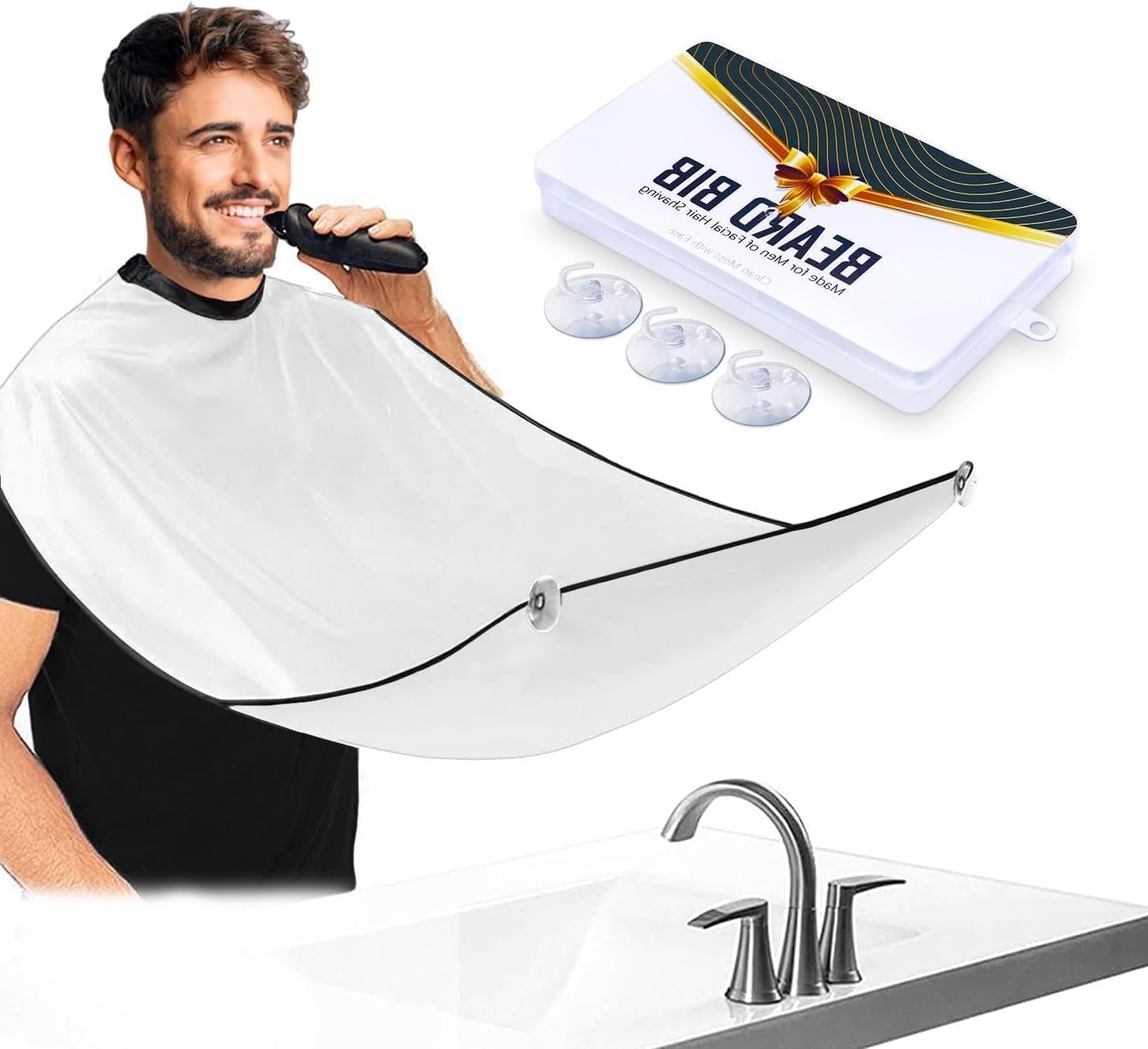 White Beard Bib Beard Catcher, Hair Clippings Catcher & Grooming Cape Apron, Non-Stick & Grooming Cloth, with 3 Suction Cups, Best Gifts for Men, Valentines Gifts-0