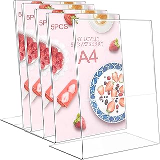 LOSYHU A4 Acrylic Sign Holder L-Shape Clear Poster Menu Holders for Restaurants School Office, A4 Table Display Stands Promotion, Exhibition, Picture, Document, Menu and Wedding (Pack of 5)