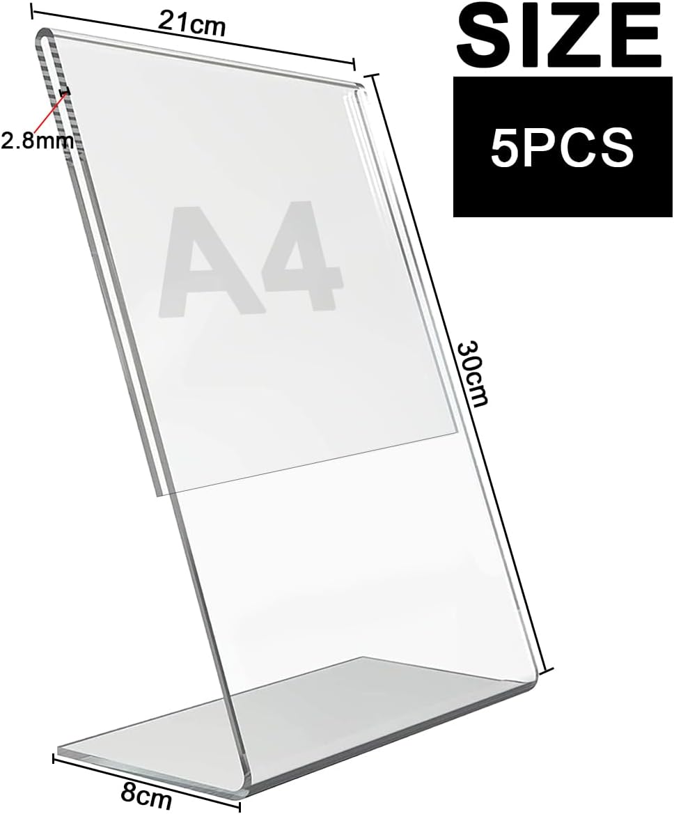 LOSYHU A4 Acrylic Sign Holder L-Shape Clear Poster Menu Holders for Restaurants School Office, A4 Table Display Stands Promotion, Exhibition, Picture, Document, Menu and Wedding (Pack of 5)-1