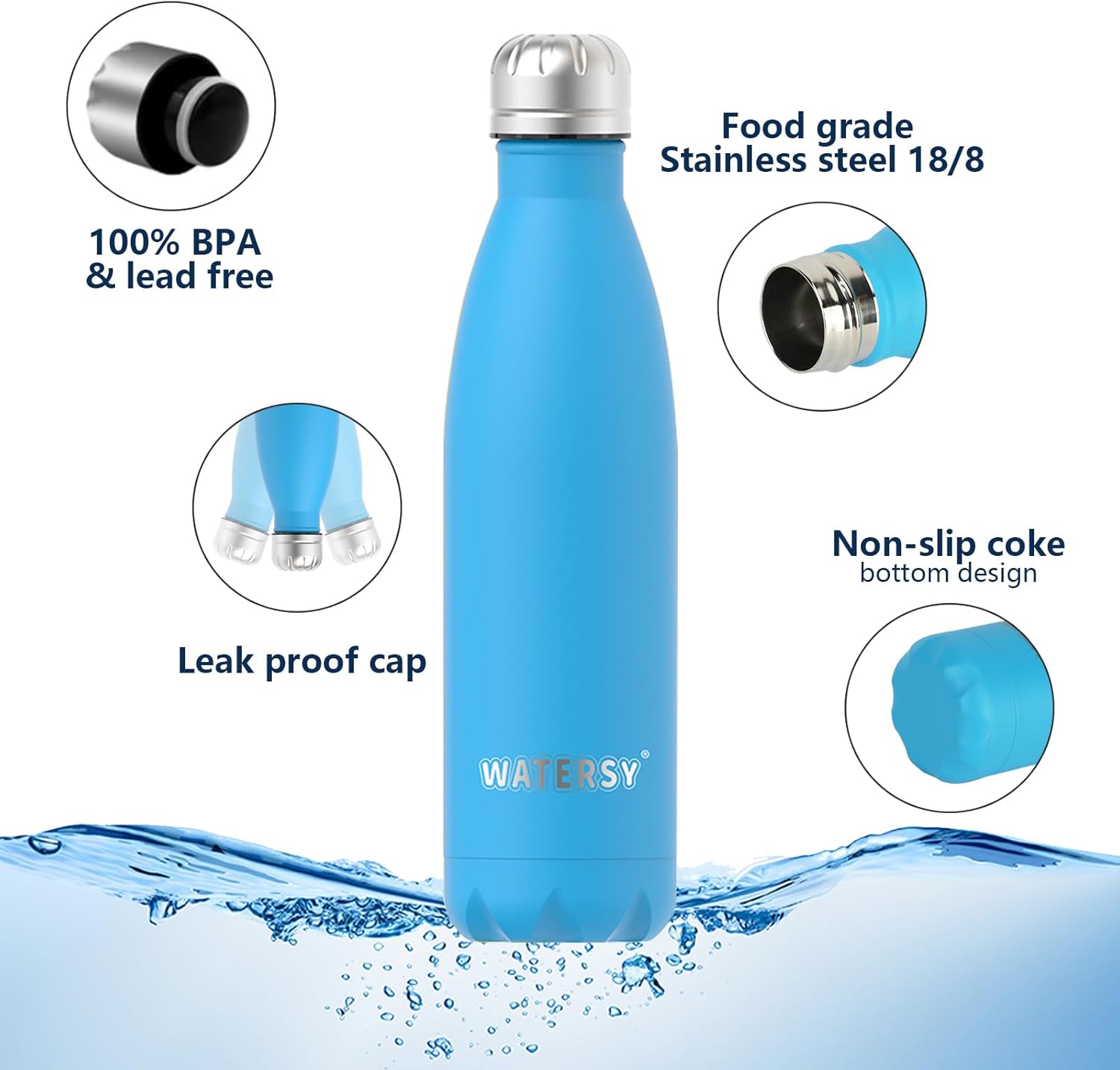 Stainless Steel Insulated Water Bottle, WATERSY Double Walled Metal Vacuum Flask Keep 24 Hrs Cold & 12 Hrs Hot Thermal Metal Sports Bottles 500ml BPA Free for Outdoor, Work, Gym, School (Blue)-3