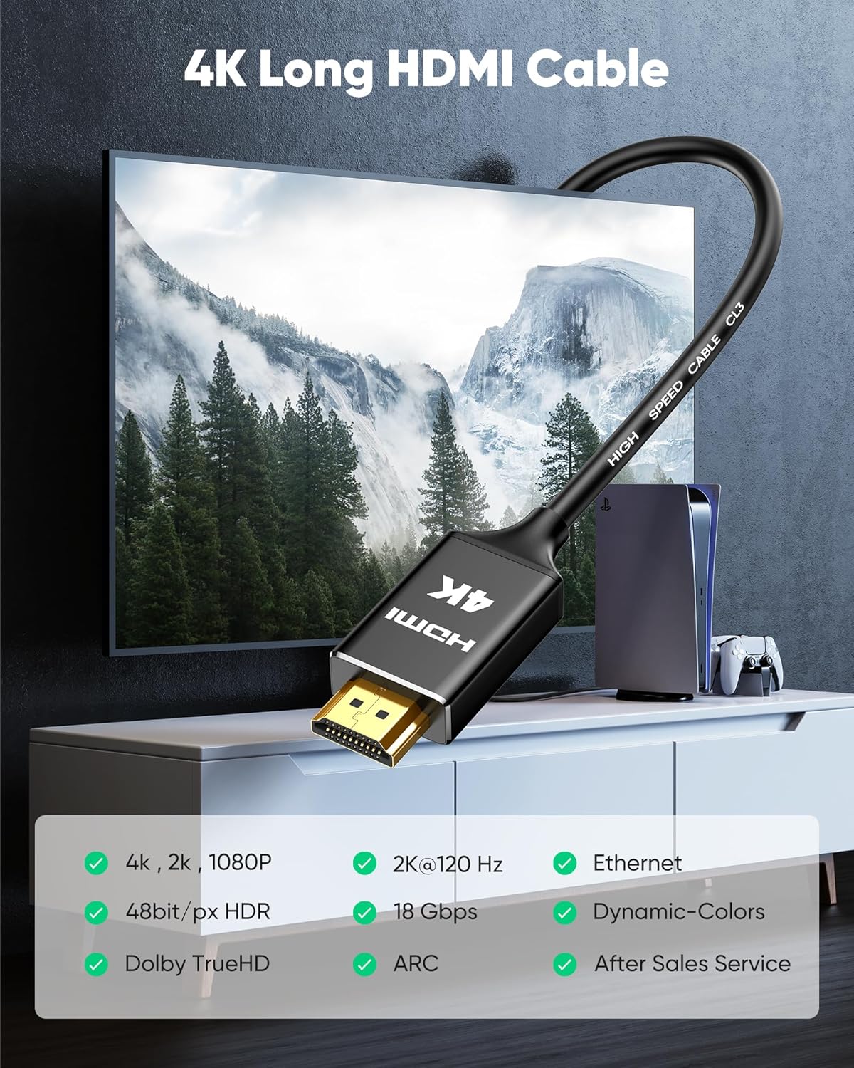 Highwings 4K Long HDMI Cable 12M | in-Wall CL3 Rated HDMI Cable 2.0 | Support HDR10 8/10bit 18Gbps HDCP2.2 ARC | High Speed HD Shielded Cord | Compatible with Laptop, PC, HDTV, Projector-1