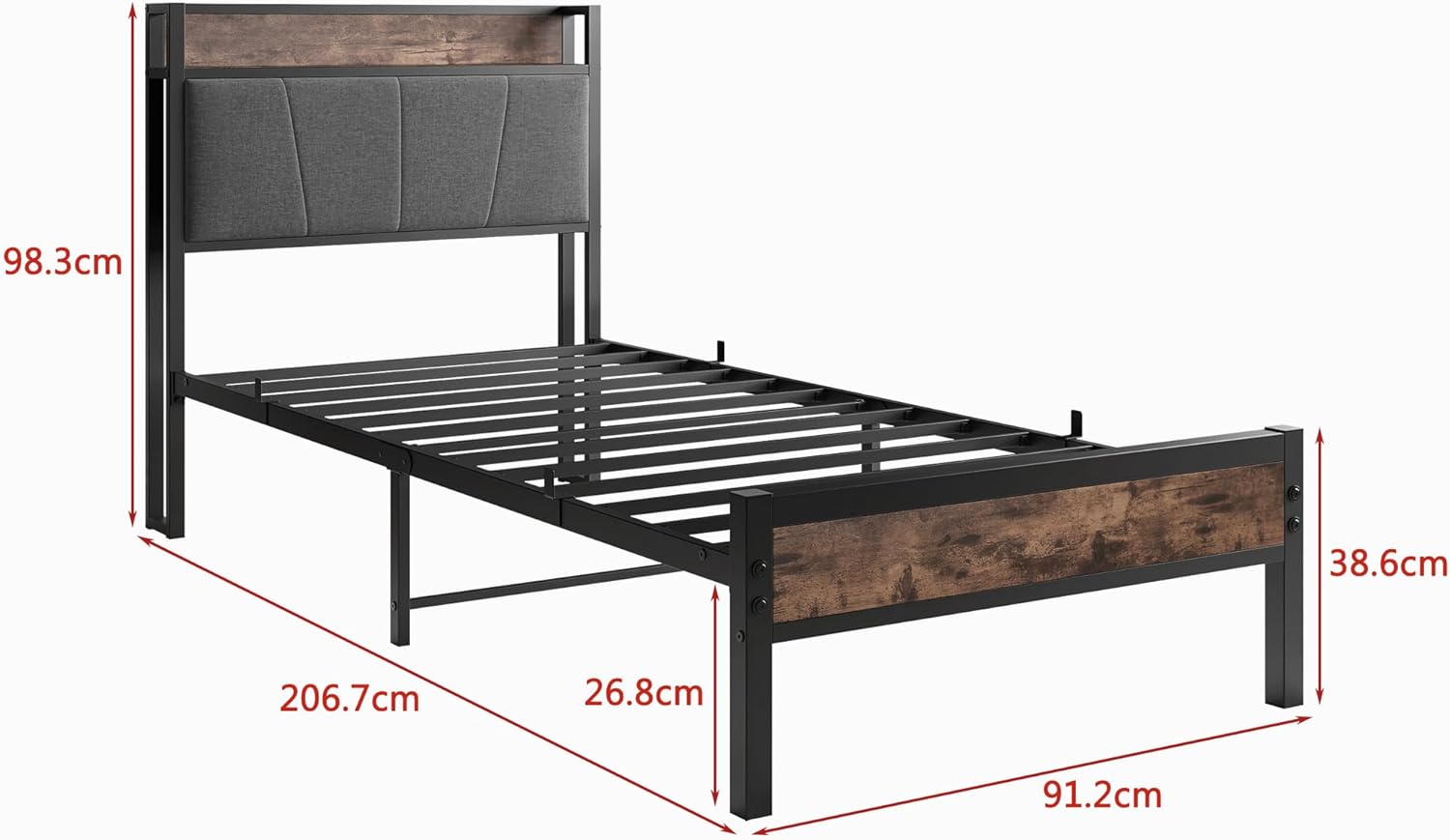 BORPHOM 3ft Single Bed Frame With Storage Headboard,Heavy Duty Metal Upholstered Platform Bed Frame,Mattress Foundation/Strong Steel Slat Support/Under-bed Storage/Easy Assembly-1