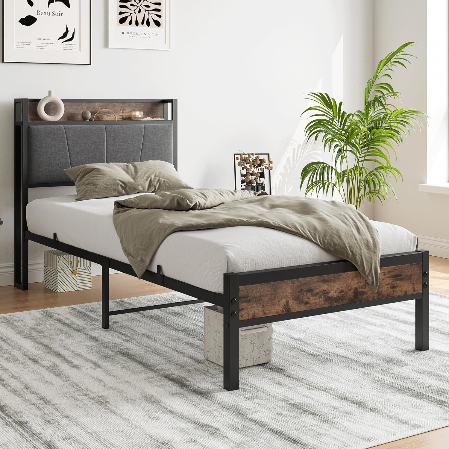 BORPHOM 3ft Single Bed Frame With Storage Headboard,Heavy Duty Metal Upholstered Platform Bed Frame,Mattress Foundation/Strong Steel Slat Support/Under-bed Storage/Easy Assembly-2