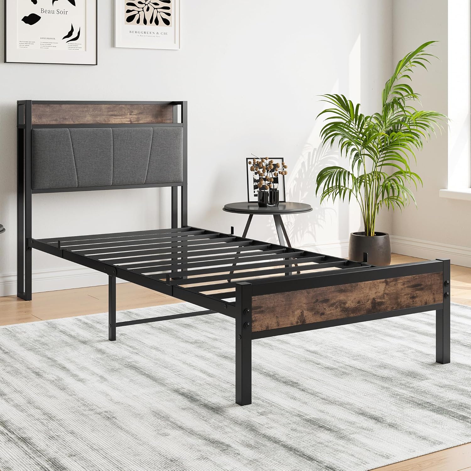 BORPHOM 3ft Single Bed Frame With Storage Headboard,Heavy Duty Metal Upholstered Platform Bed Frame,Mattress Foundation/Strong Steel Slat Support/Under-bed Storage/Easy Assembly-3