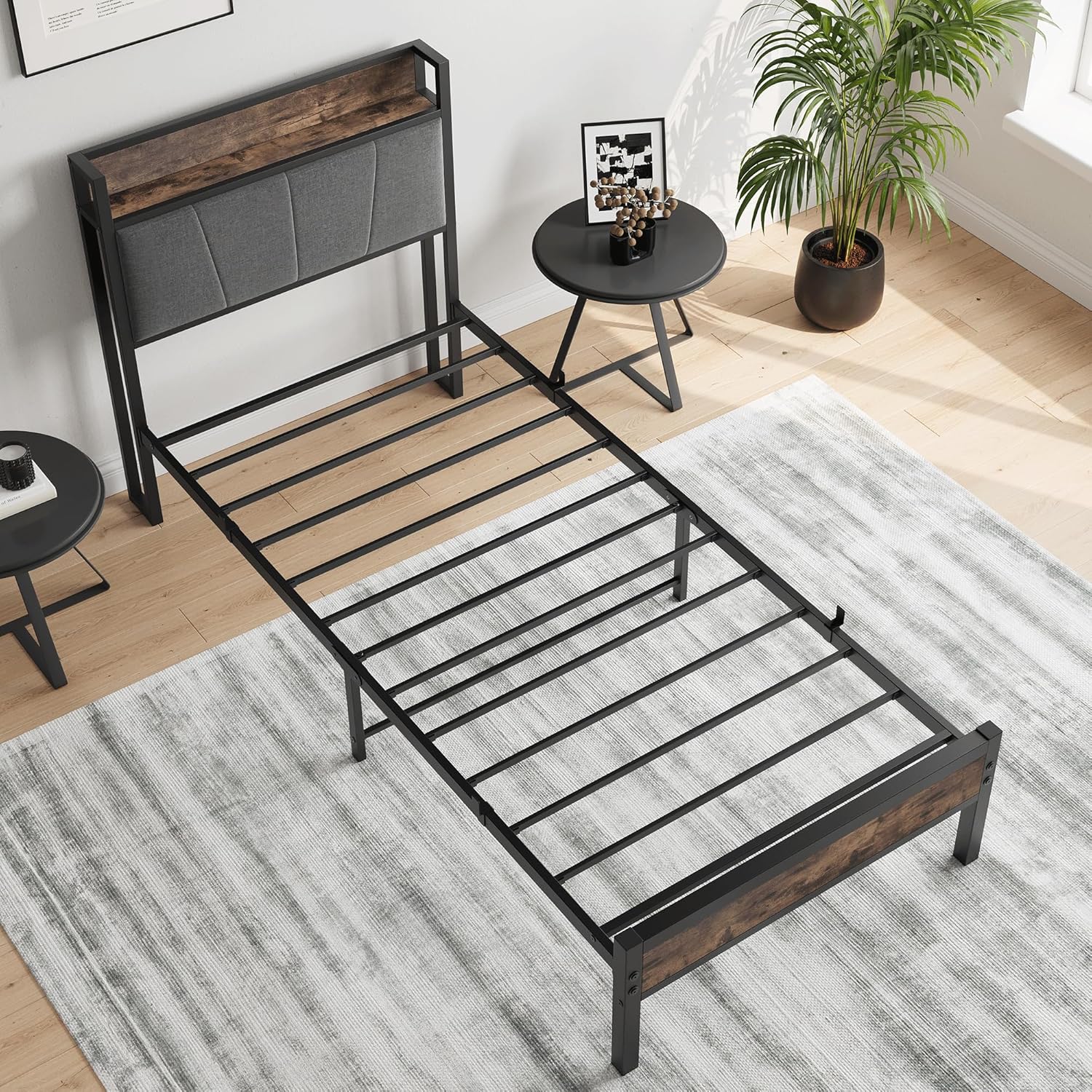 BORPHOM 3ft Single Bed Frame With Storage Headboard,Heavy Duty Metal Upholstered Platform Bed Frame,Mattress Foundation/Strong Steel Slat Support/Under-bed Storage/Easy Assembly-4