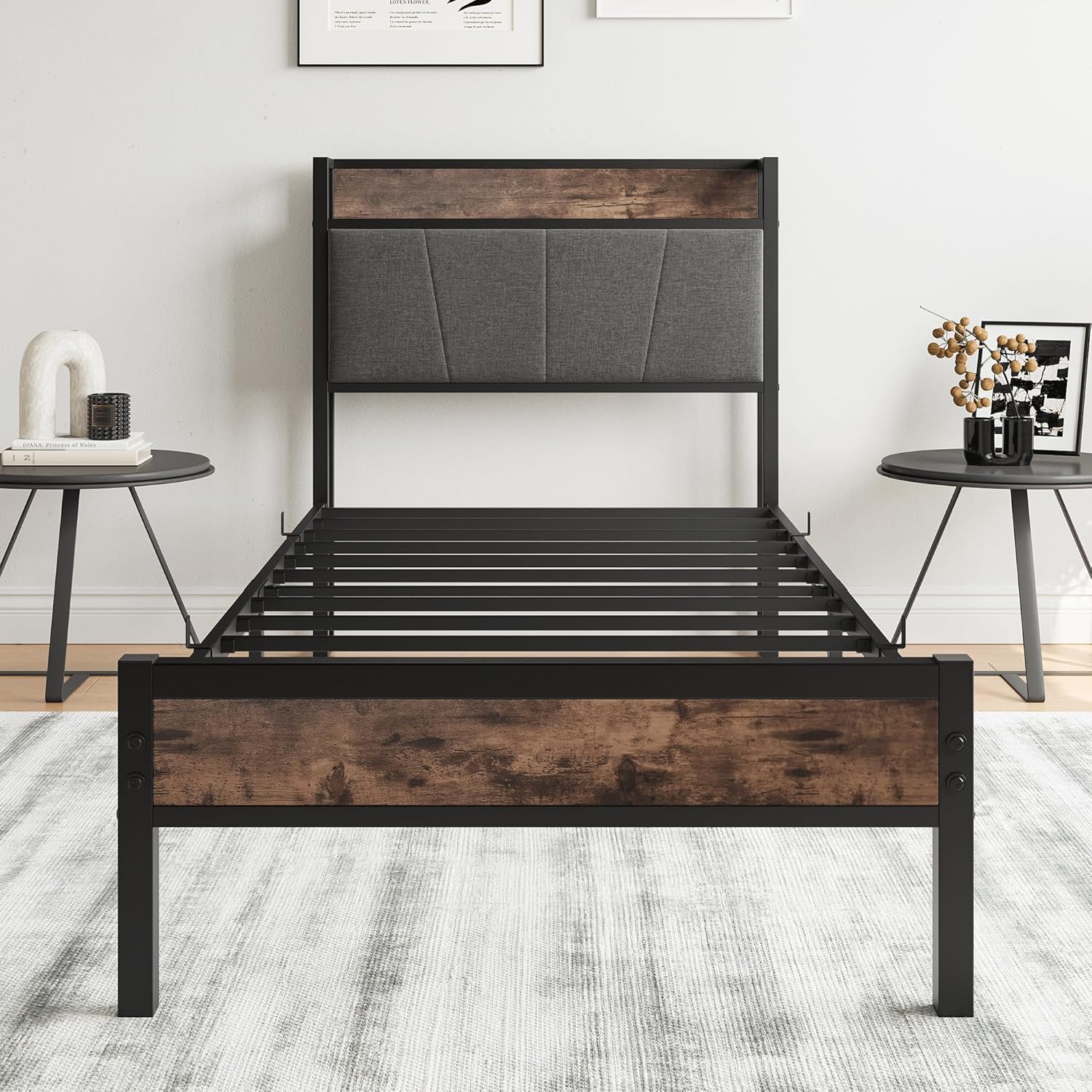 BORPHOM 3ft Single Bed Frame With Storage Headboard,Heavy Duty Metal Upholstered Platform Bed Frame,Mattress Foundation/Strong Steel Slat Support/Under-bed Storage/Easy Assembly-5