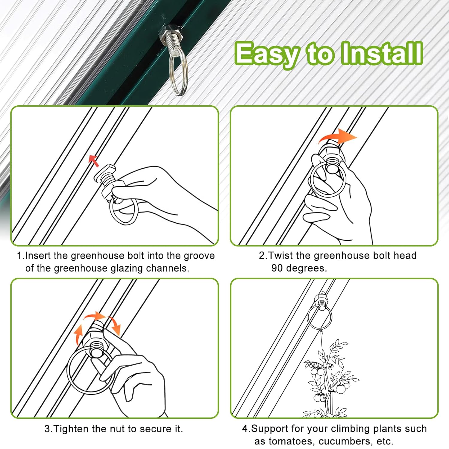 Greenhouse Bolts and Rings Cropped Head, Aluminium Greenhouse Bolts & Nuts with Reusable Plant Ties, 15Pack Greenhouse Nuts and Bolts Accessories Anchor in Glazing Channels for Plant, Repairing-3