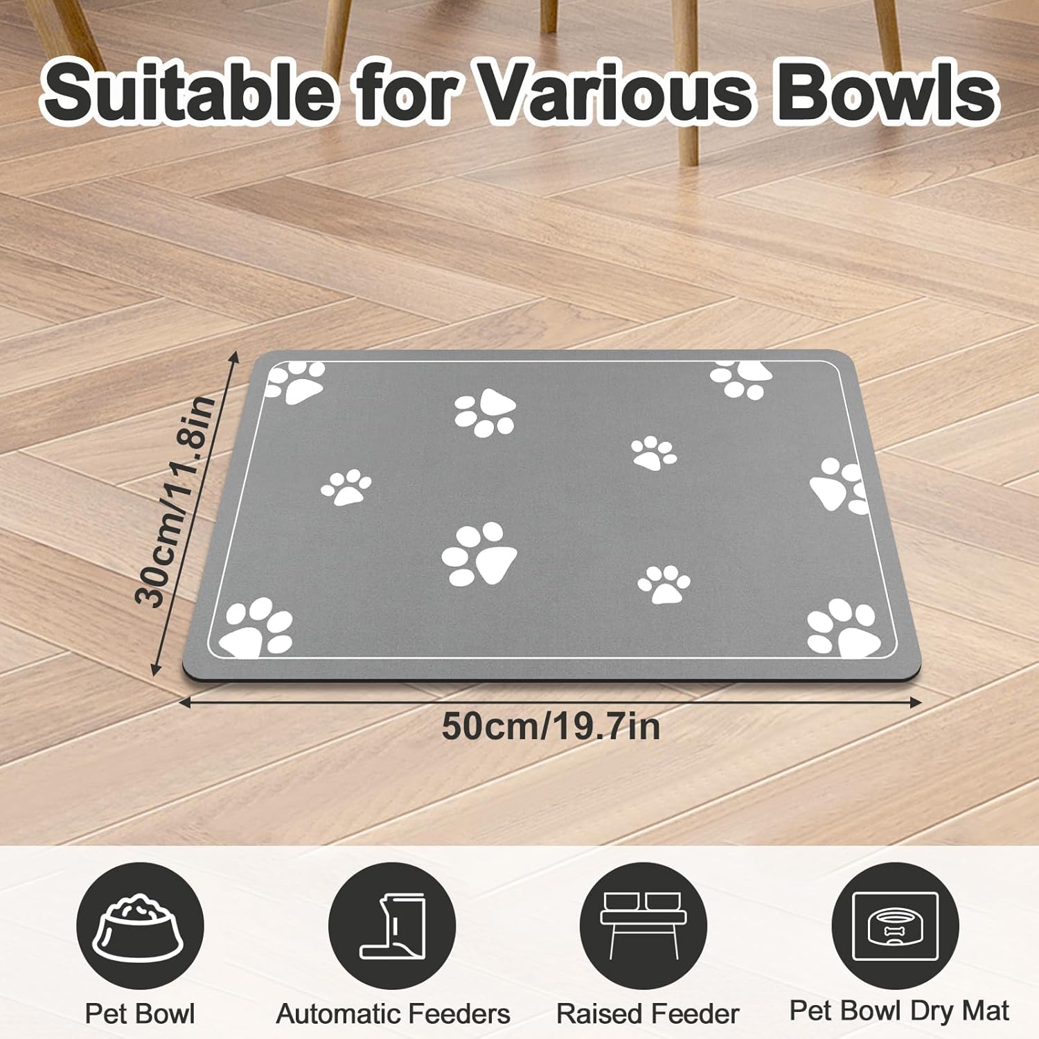 Mavicen Pet Feeding Bowls Mat, 30 * 50cm Water Absorbent Cat Food Tray Mat, Non Slip Pet Dog Food Feeding Bowl Mat, Muddy Paws Mat for Dogs and Cats, Light Gray-6