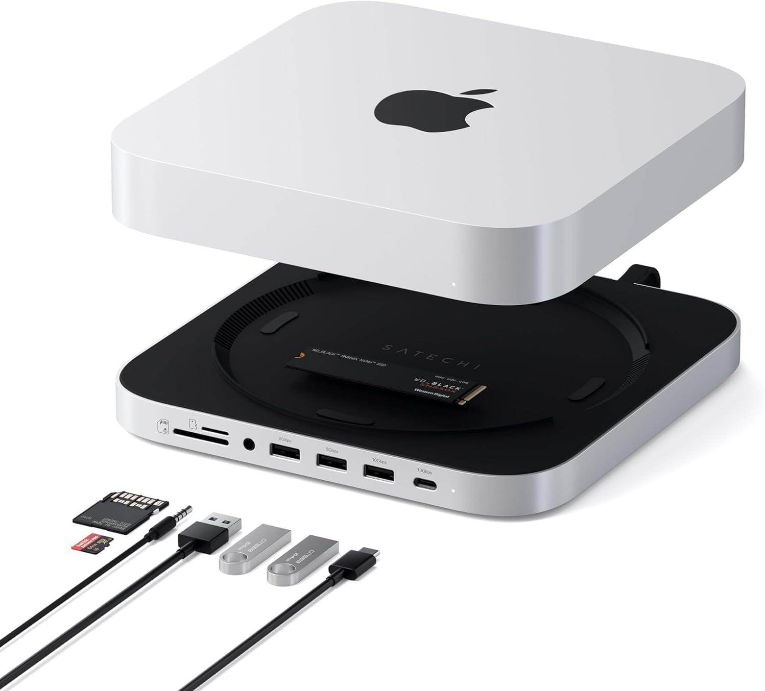 SATECHI Mac Mini Hub & Stand with SSD Enclosure for NVME/SATA M.2, Mac Mini Dock with USB C 10Gbps, 3 USB A 5/10Gbps, 2.0 Audio Jack, for Mac Mini M2 /M1, Mac Studio - Silver-0