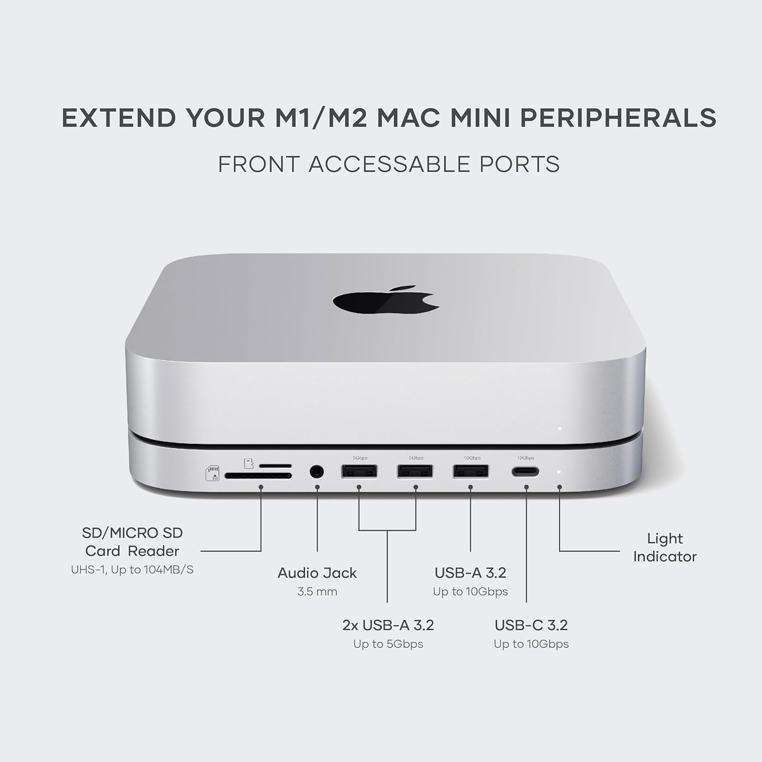 SATECHI Mac Mini Hub & Stand with SSD Enclosure for NVME/SATA M.2, Mac Mini Dock with USB C 10Gbps, 3 USB A 5/10Gbps, 2.0 Audio Jack, for Mac Mini M2 /M1, Mac Studio - Silver-2