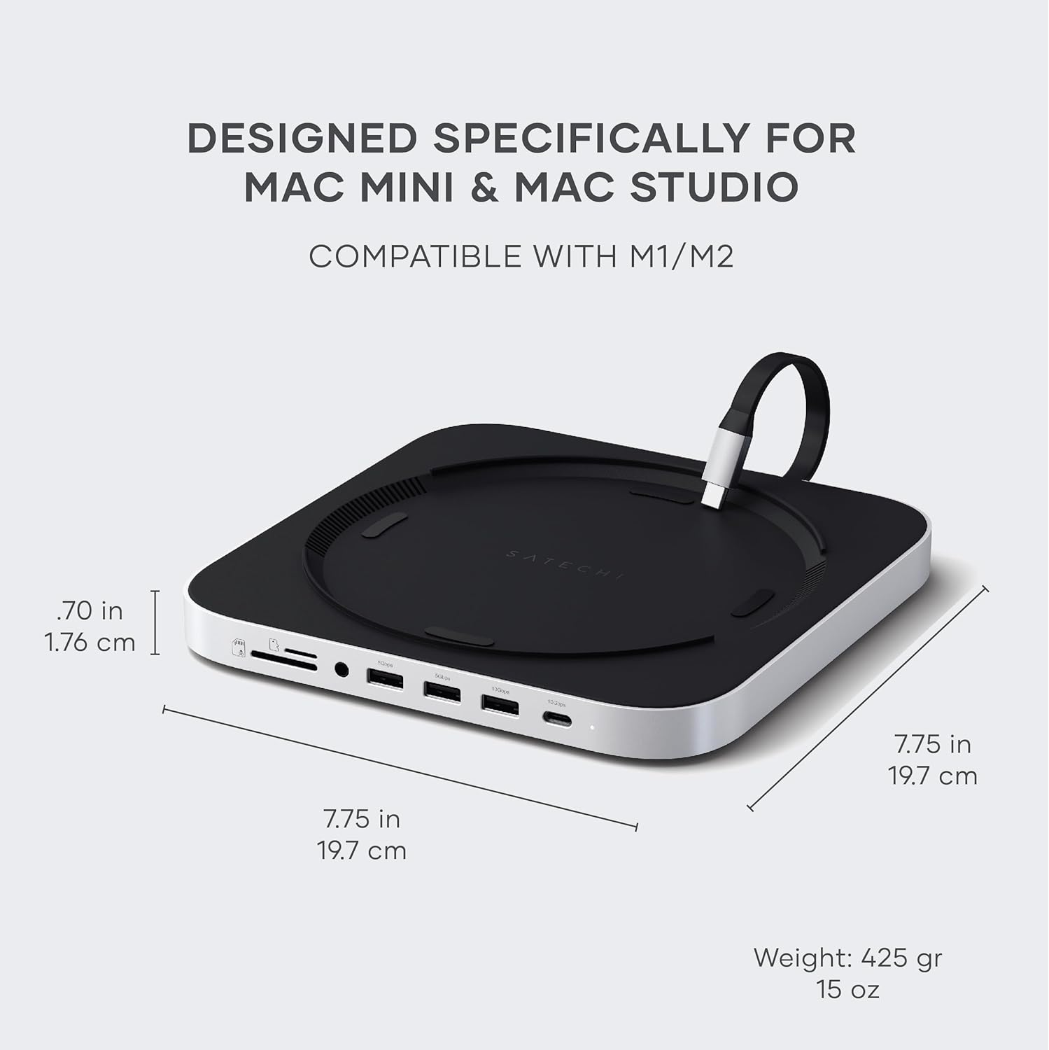 SATECHI Mac Mini Hub & Stand with SSD Enclosure for NVME/SATA M.2, Mac Mini Dock with USB C 10Gbps, 3 USB A 5/10Gbps, 2.0 Audio Jack, for Mac Mini M2 /M1, Mac Studio - Silver-3