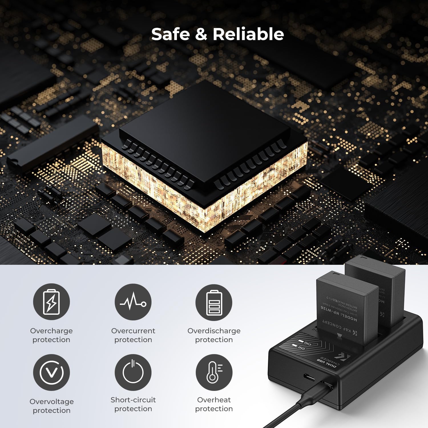 K&F Concept NP-W126 NP-W126S Battery and Dual Charger for Fujifilm Batteries Compatible with Fujifilm X100VI, X-T3, X-T2, X-T1, X-Pro2 Cameras-6