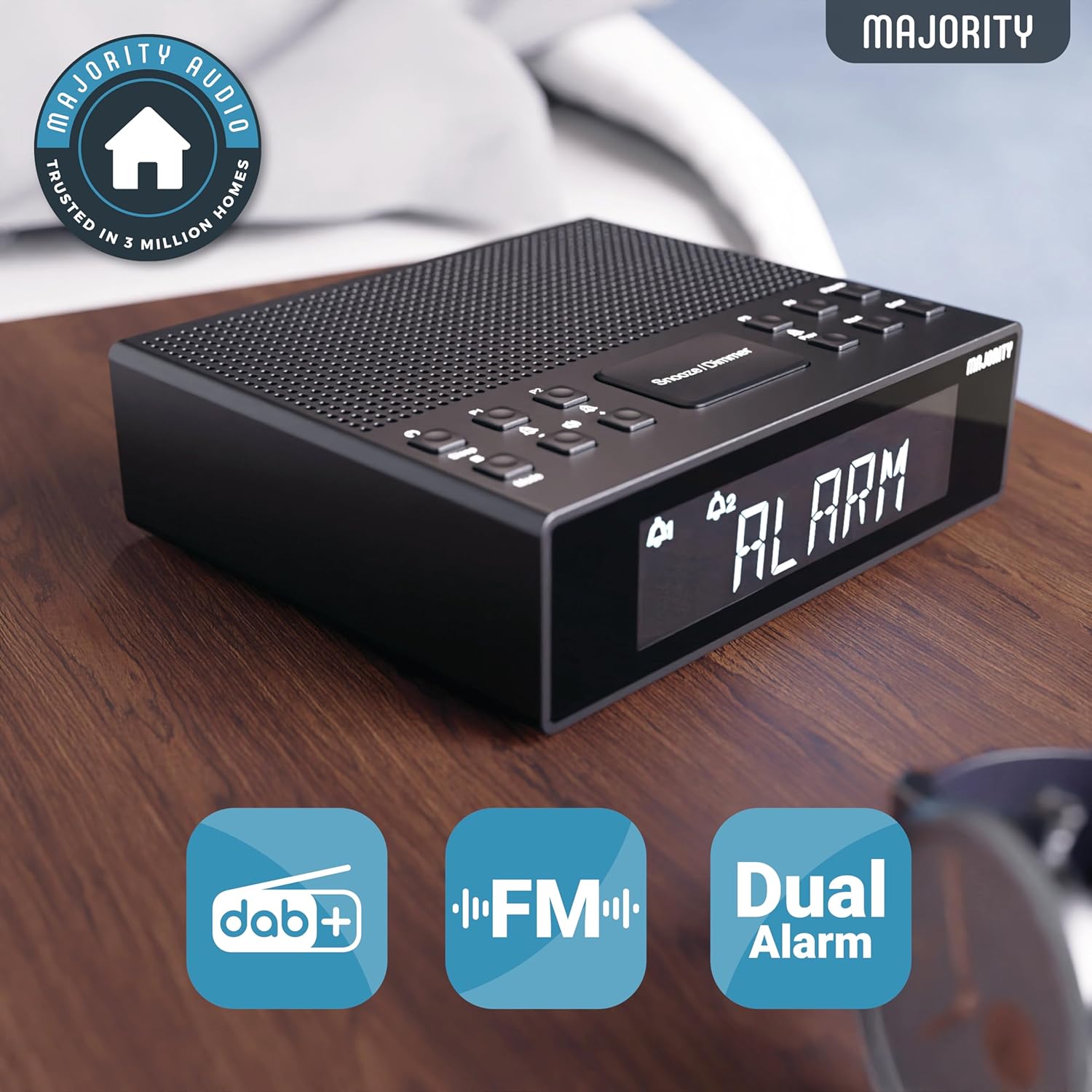 MAJORITY Knapwell | Bluetooth DAB, DAB+ Clock Radio | Bedside Radio with Dual Alarm, Snooze Function, Large Dimmable Display| High Fidelity Speakers, USB Charging | FM, Headphone Jack-4