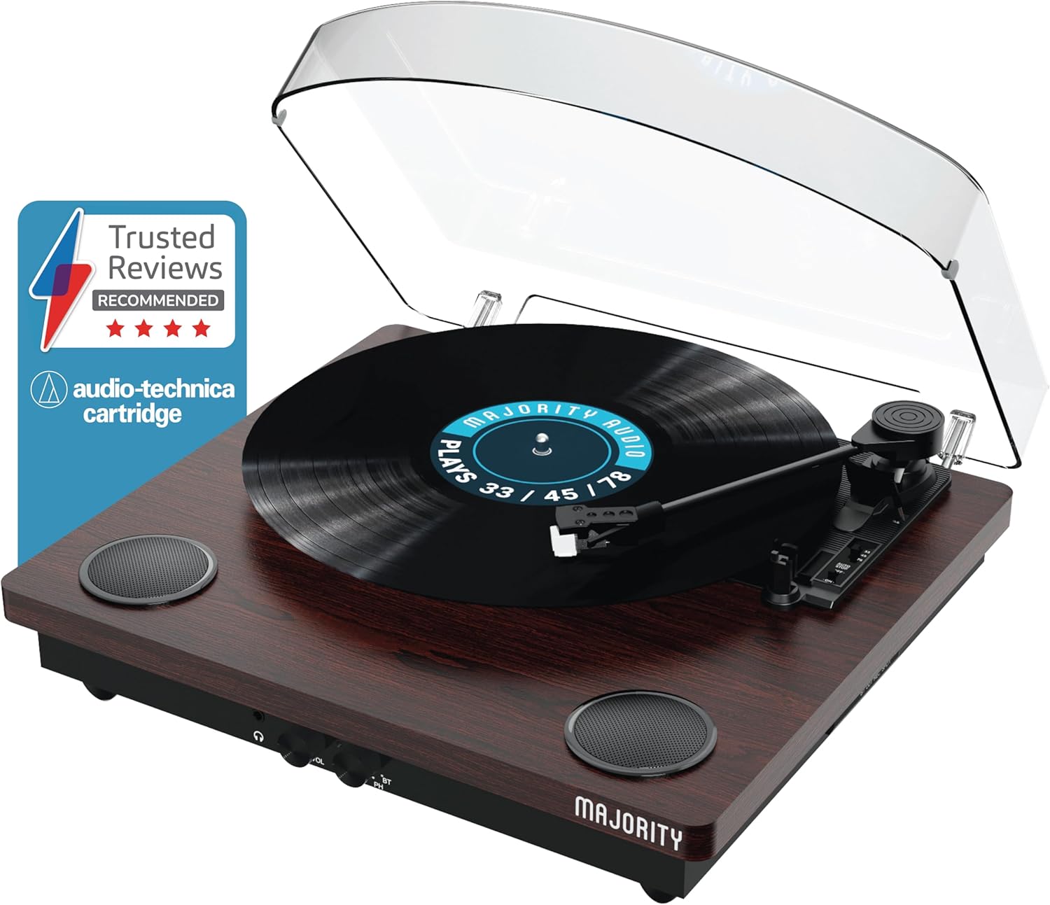 Vinyl Record Player with Bluetooth In & Out | Premium Cartridge | USB Recording | AUX Input and RCA Output | In-built Stereo Speakers | Slipmat Included | MAJORITY Moto (Walnut)-0