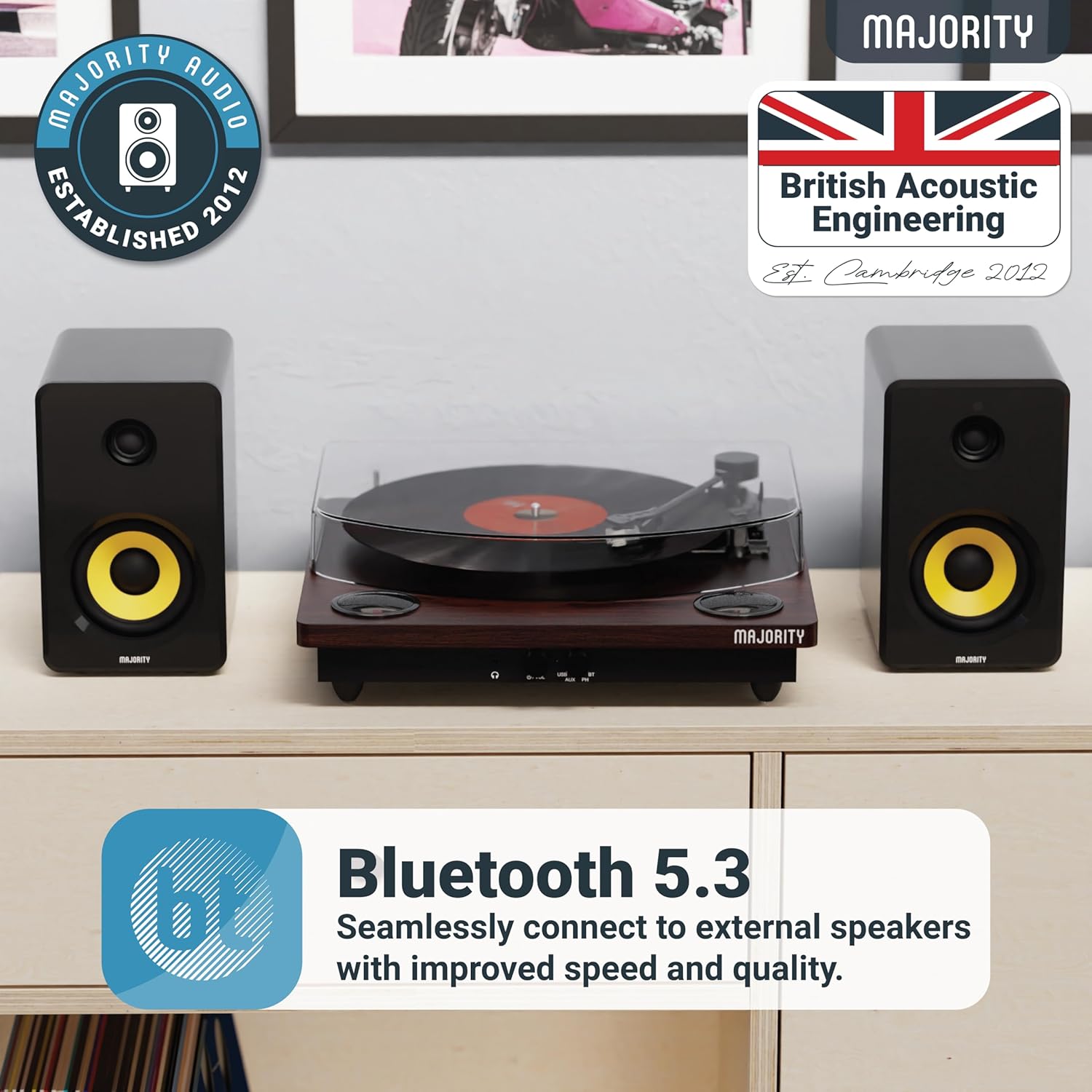 Vinyl Record Player with Bluetooth In & Out | Premium Cartridge | USB Recording | AUX Input and RCA Output | In-built Stereo Speakers | Slipmat Included | MAJORITY Moto (Walnut)-1