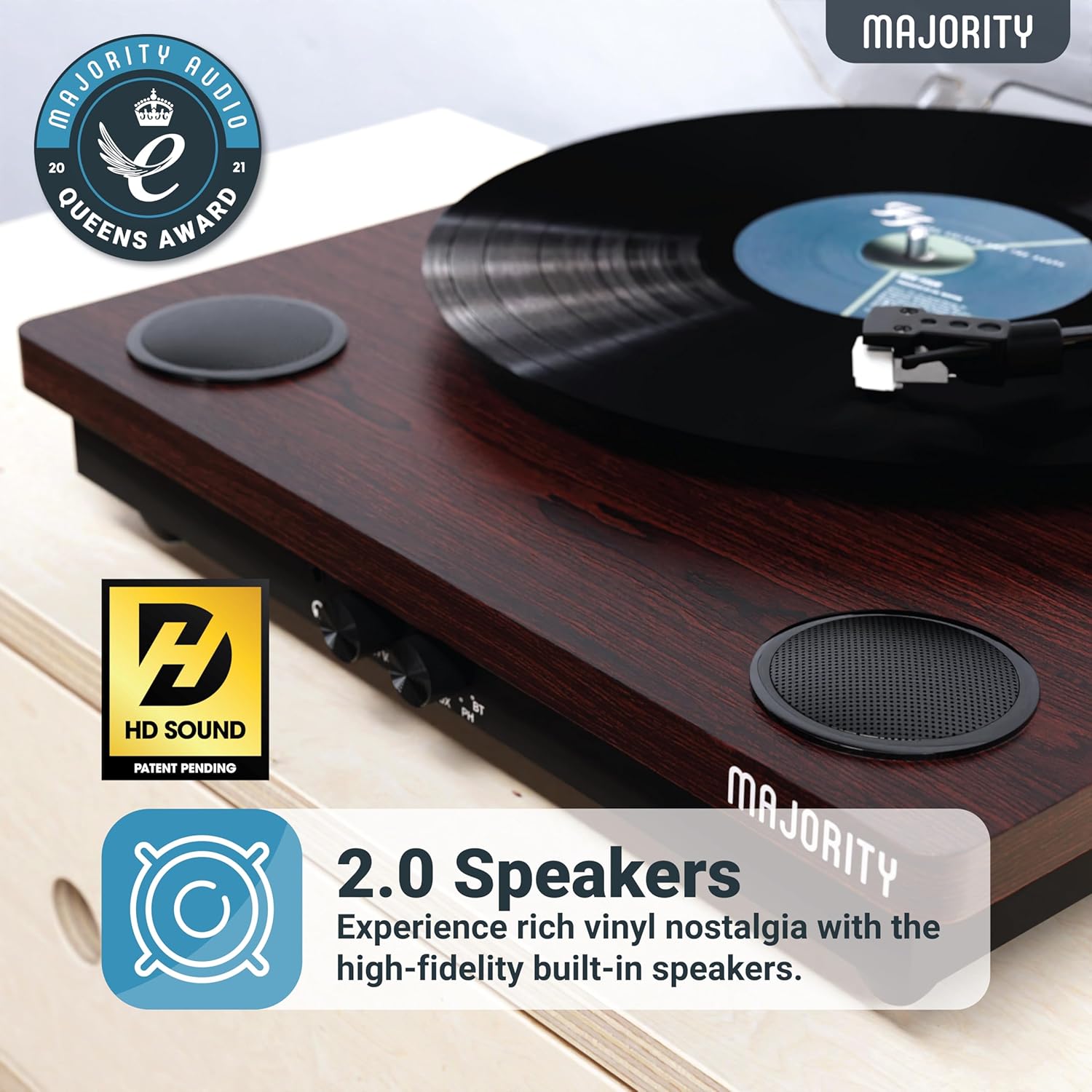 Vinyl Record Player with Bluetooth In & Out | Premium Cartridge | USB Recording | AUX Input and RCA Output | In-built Stereo Speakers | Slipmat Included | MAJORITY Moto (Walnut)-2