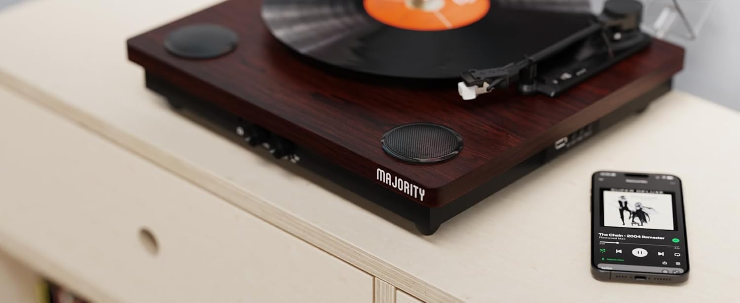 Vinyl Record Player with Bluetooth In & Out | Premium Cartridge | USB Recording | AUX Input and RCA Output | In-built Stereo Speakers | Slipmat Included | MAJORITY Moto (Walnut)-8