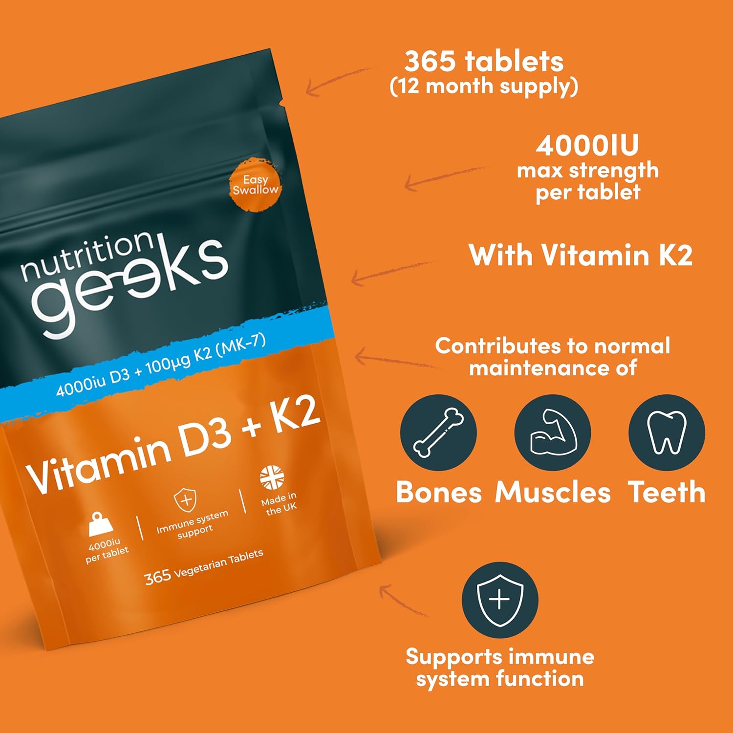 Vitamin D3 4000 iu & Vitamin K2 MK7 100μg - 1 Year Supply, 365 Easy-Swallow Vitamin D3 K2 Tablets, 1-A-Day High Strength Vegetarian D3 and K2 Vitamin Supplements, UK Made Vitamin D Tablets-2