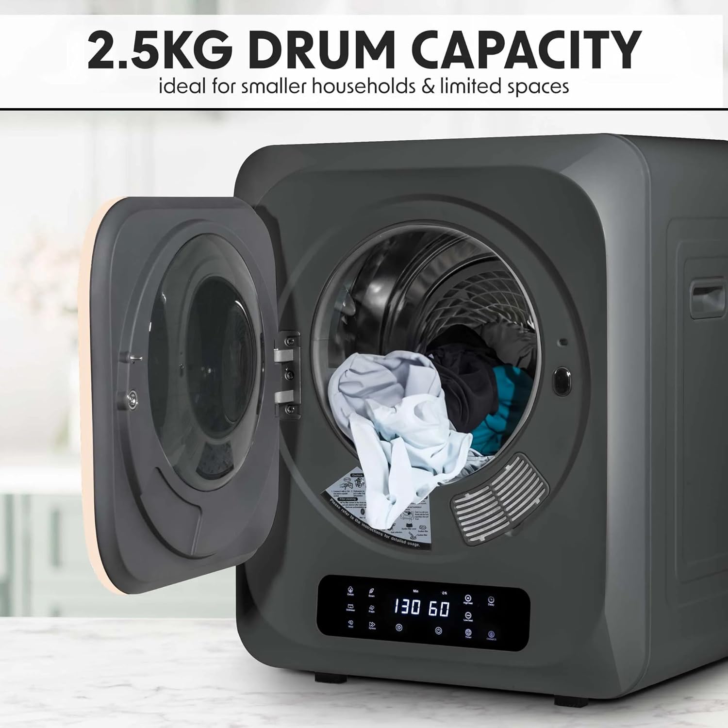 Baridi Small Tumble Dryer, Portable, 2.5kg, Vented, Perfect for Counter Top or Wall Mounted Use with Digital Controls, Compact, Black Mini Spin Dryer - DH229-1