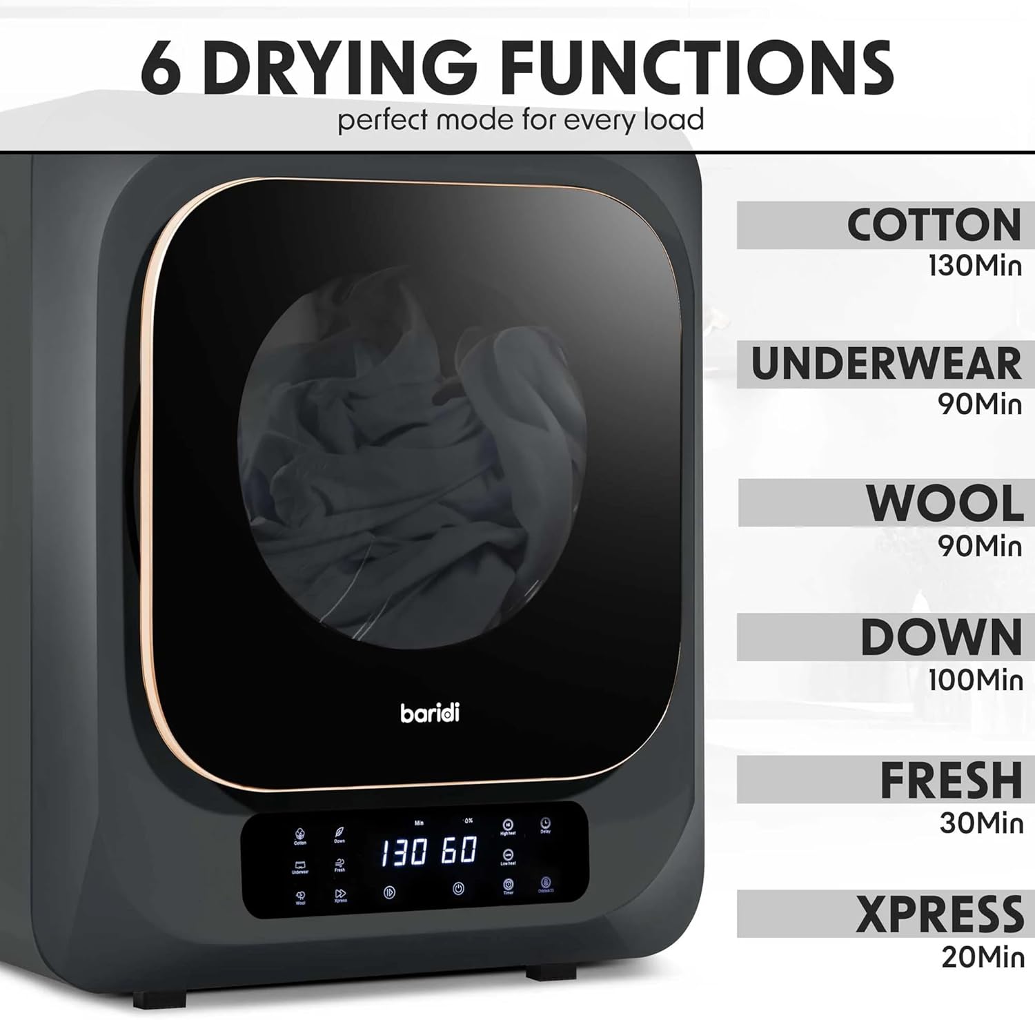 Baridi Small Tumble Dryer, Portable, 2.5kg, Vented, Perfect for Counter Top or Wall Mounted Use with Digital Controls, Compact, Black Mini Spin Dryer - DH229-2