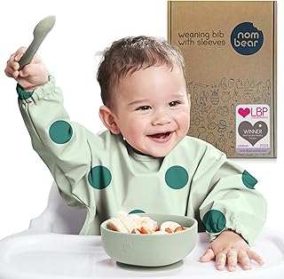 Nombear ® Baby Weaning Bib with Sleeves - Waterproof Baby Bibs 6-12 Months for Baby Led Weaning, Coverall Bibs for Baby Feeding, Long Sleeve Bibs for Toddler, Baby Bibs with Sleeves, Baby Apron