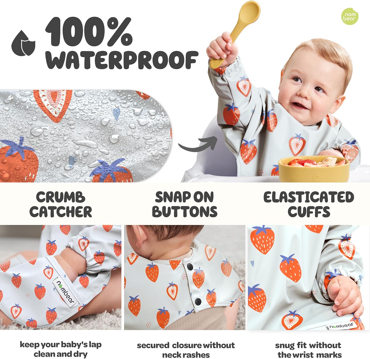 Nombear ® Baby Weaning Bib with Sleeves - Waterproof Baby Bibs 6-12 Months for Baby Led Weaning, Coverall Bibs for Baby Feeding, Long Sleeve Bibs for Toddler, Baby Bibs with Sleeves, Baby Apron-3