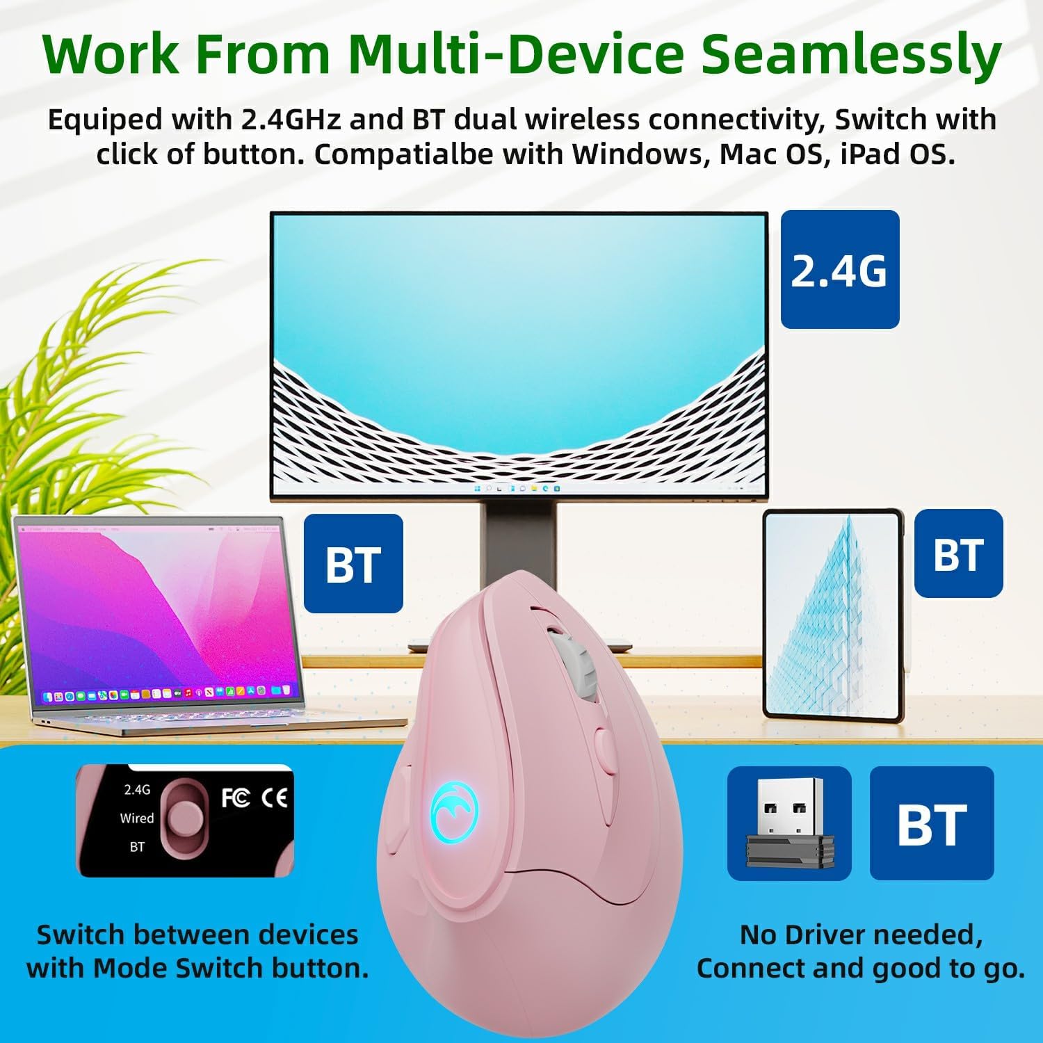 IFYOO 2.4G and BT 5.1 Dual Mode RGB Rechargeable Wireless Vertical Ergonomic Mouse, 5 Side Buttons, Max 8400 DPI, for PC Computer Notebook Laptop, for Windows 11 10, Mac iPad OS, Android-2