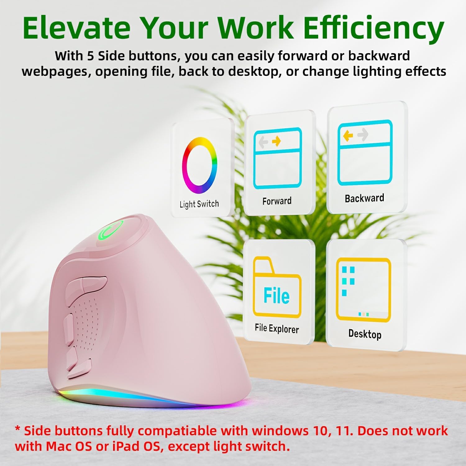 IFYOO 2.4G and BT 5.1 Dual Mode RGB Rechargeable Wireless Vertical Ergonomic Mouse, 5 Side Buttons, Max 8400 DPI, for PC Computer Notebook Laptop, for Windows 11 10, Mac iPad OS, Android-3