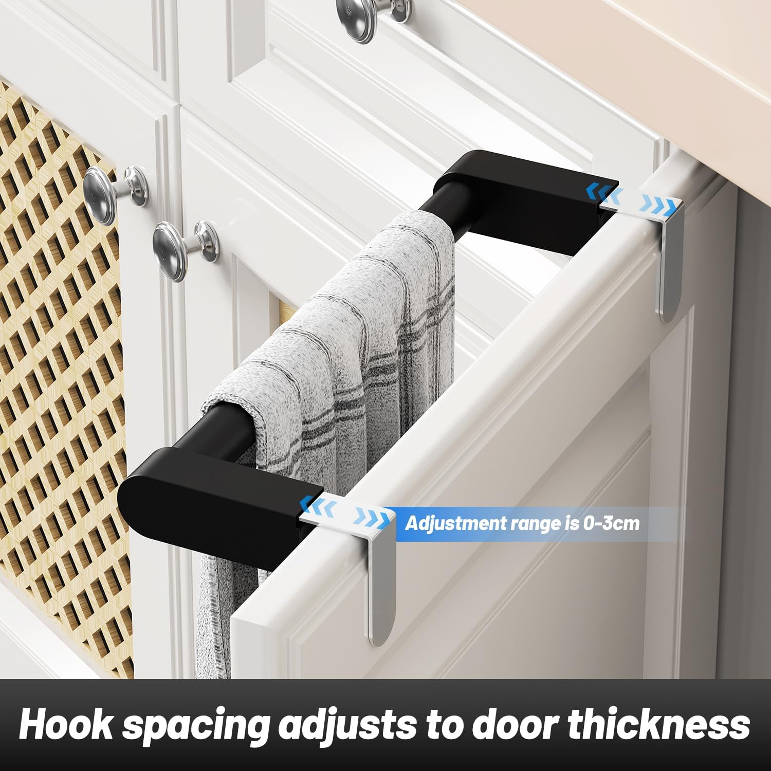 VEHHE Over Door Towel Rail, Extendable kitchen Towel Holders with Adjustable Hooks, Black Stainless Steel Towel Rail, No Drilling Hand Towel Holder with Eva Sponge Pads (22.5cm-38.5cm)-4