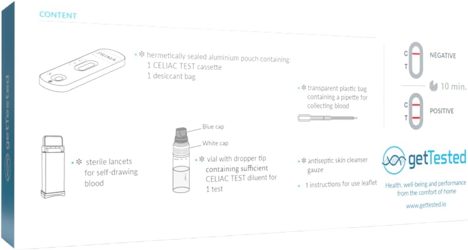GetTested at Home Celiac Test (1 Test) /Gluten Intolerance Rapid Test Quickly detects Class IGA and IgG Anti-DGP antibodies in Your Blood.-1