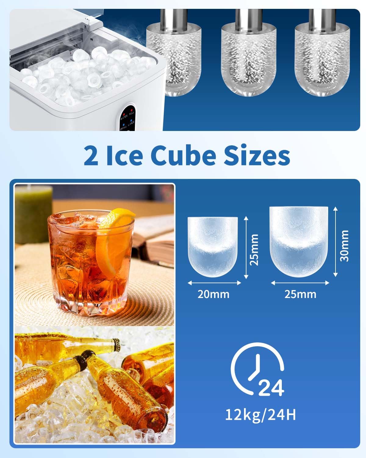 Ice Maker Machine,Ice Cube Maker 12KG in 24Hrs,2 Size S/L 9 Cubes Ready in 6 Mins,Countertop Ice Maker with Ice Scoop and Basket,Self-Cleaning Ice Machine for Home Kitchen Office Camping Party Bar-2