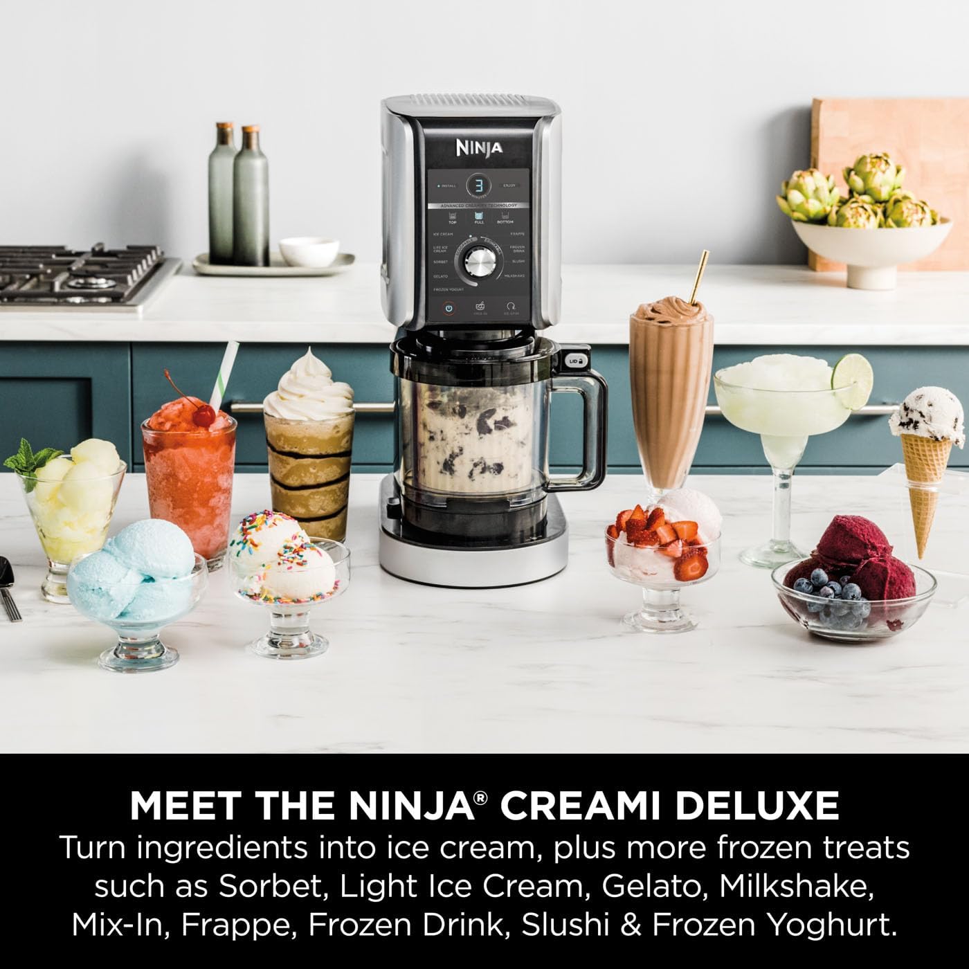 Ninja CREAMi Deluxe Ice Cream Maker & Frozen Dessert Maker with 3 Tubs, 10 Functions, Makes Ice Cream, Gelato, Sorbet, Frozen Yoghurt, Milkshakes, Slushi & More, 2-in-1 Flavour Option, Silver, NC501UK-1