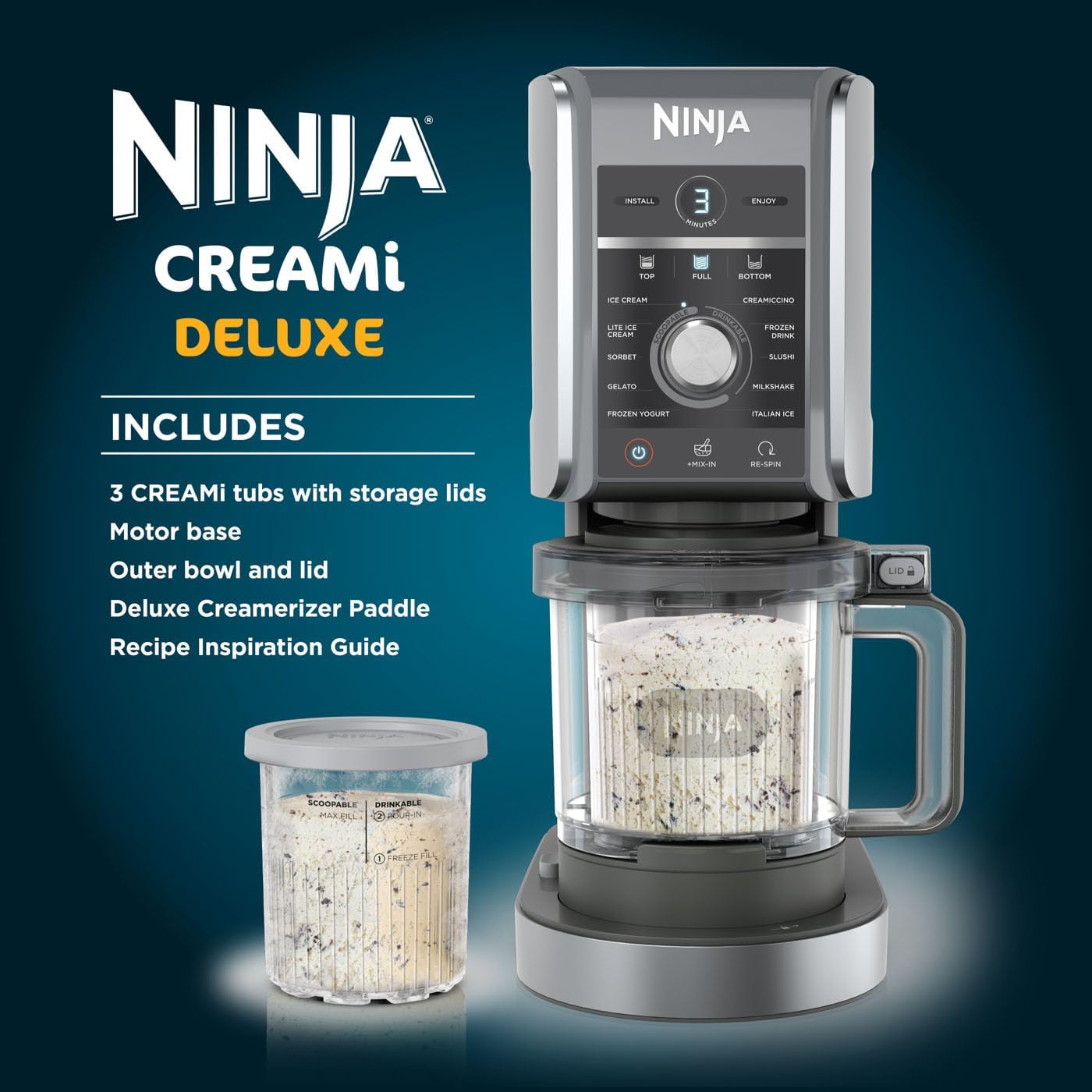 Ninja CREAMi Deluxe Ice Cream Maker & Frozen Dessert Maker with 3 Tubs, 10 Functions, Makes Ice Cream, Gelato, Sorbet, Frozen Yoghurt, Milkshakes, Slushi & More, 2-in-1 Flavour Option, Silver, NC501UK-6