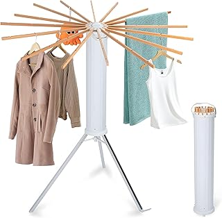 BQKOZFIN Tripod Clothes Drying Rack, Foldable Laundry Drying Stand Space Saving, Octopus Clothing Hanger with 16 Poles, Indoor & Outdoor Holder for Clothing (Wood)