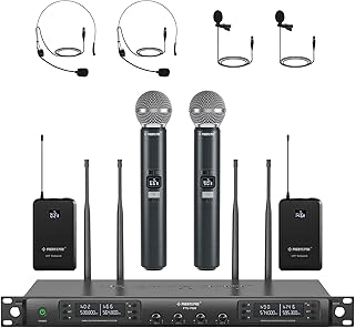 Phenyx Pro Quad Wireless Microphone System w/ 4x40 UHF Channels, Auto Scan, 2 Handheld Dynamic Mics, 2 Bodypacks & Headsets/Lapel Microphones for Singing, DJ, Church (PTU-7000-2H2B)